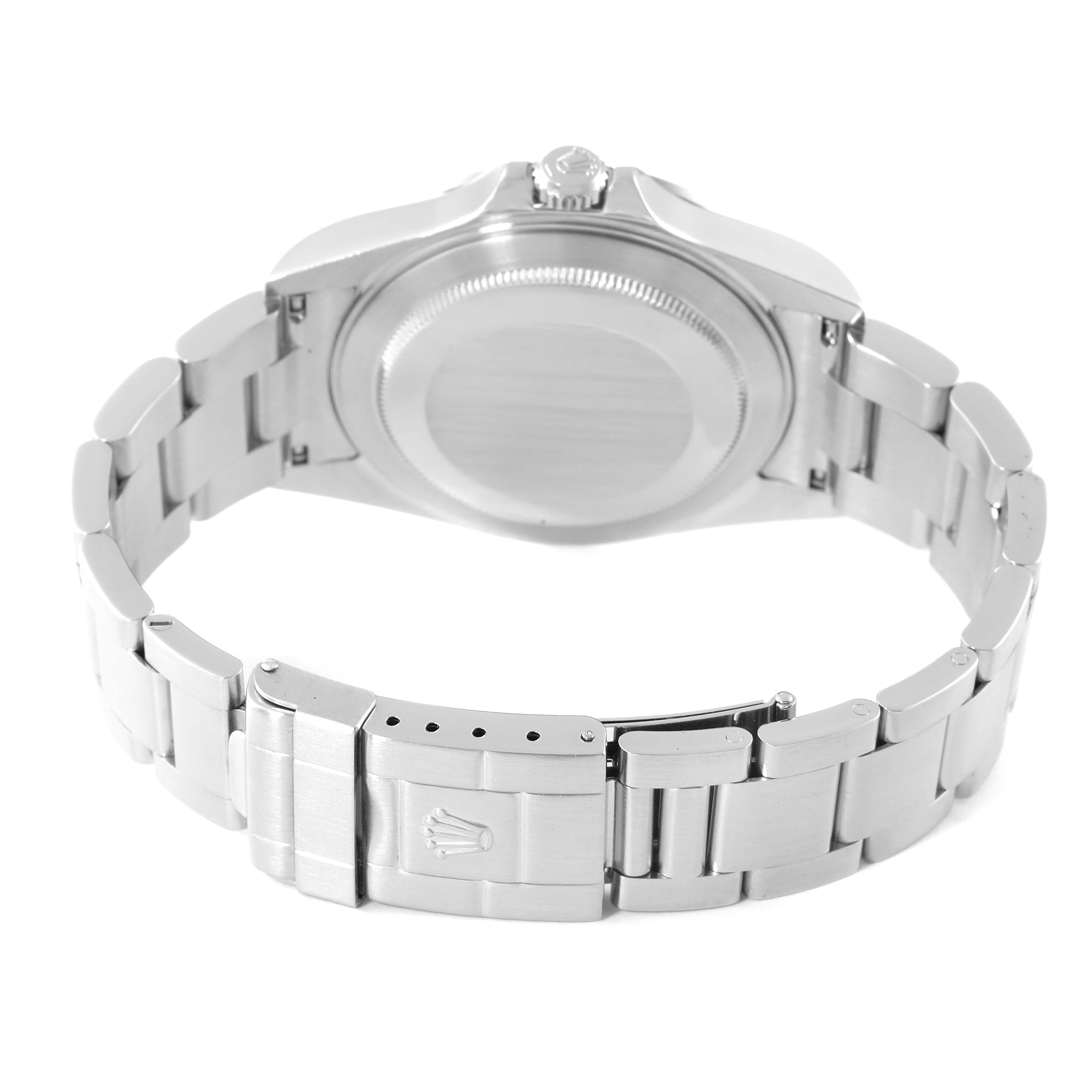 This image shows the back case and clasp area of a Rolex Explorer 16570 Men's Stainless Steel White Dial 16570 Men's Stainless Steel White Dial watch, highlighting the bracelet and buckle.