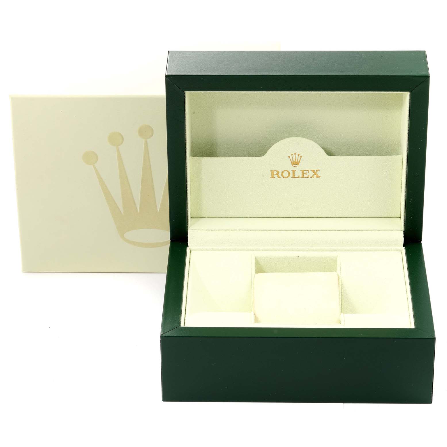 The image shows an open green Rolex box, presumably for the Explorer model, with the Rolex logo inside.