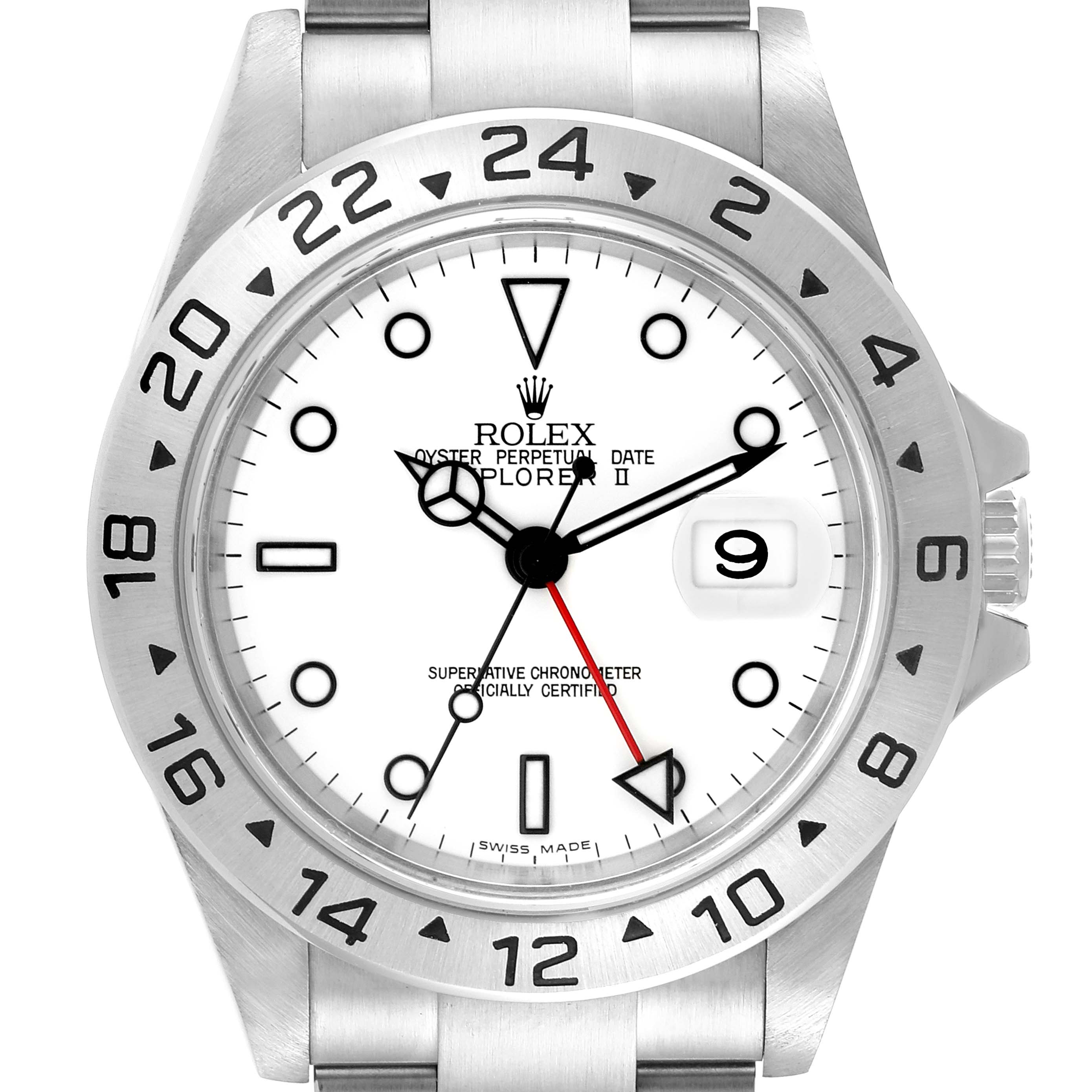 This is a front-facing view of the Rolex Explorer 16570 Men's Stainless Steel White Dial 16570 Men's Stainless Steel White Dial watch, showing the dial, bezel, hands, and part of the bracelet.