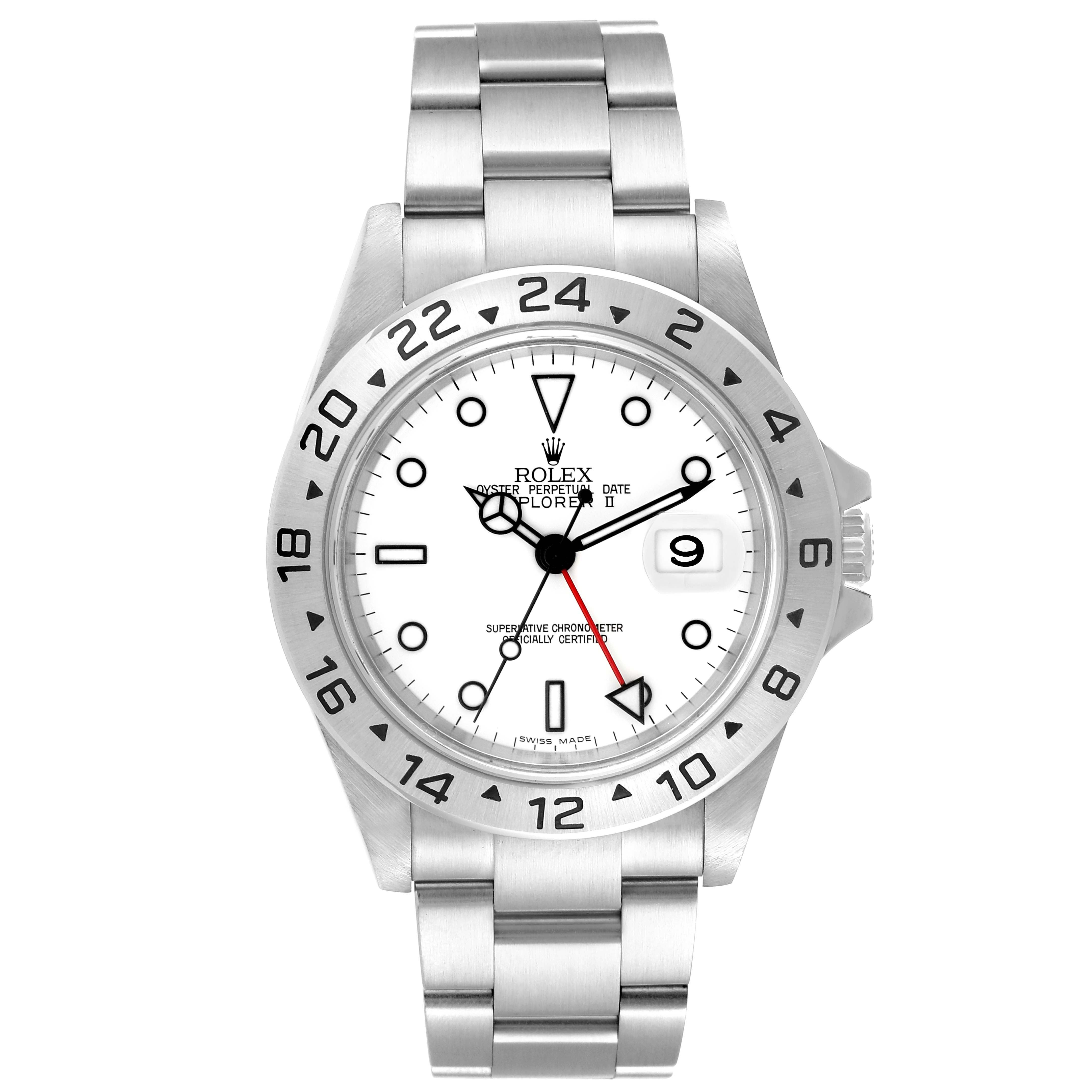 This is a head-on view of a Rolex Explorer 16570 Men's Stainless Steel White Dial 16570 Men's Stainless Steel White Dial watch, showing the dial, bezel, case, and bracelet.