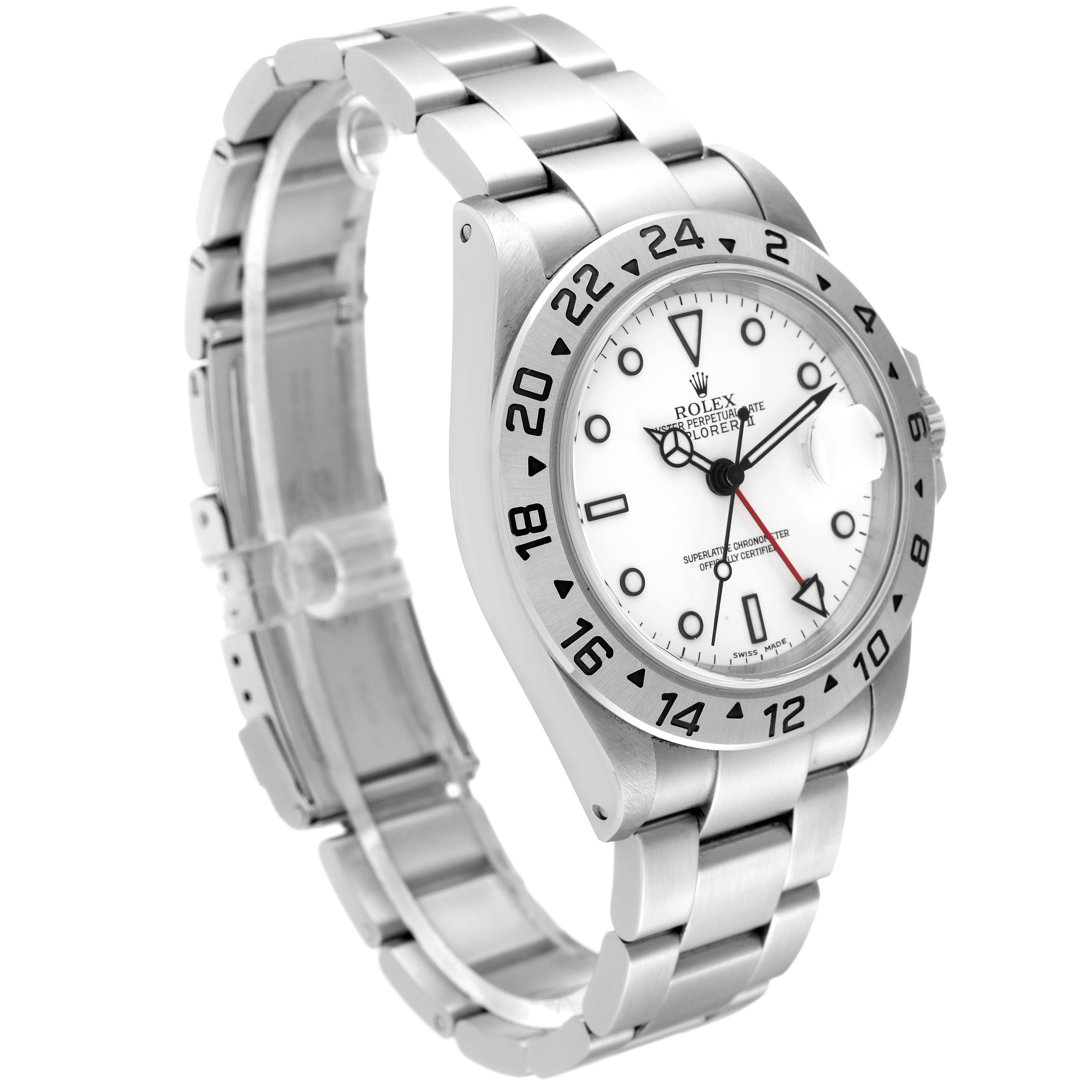 This image shows a Rolex Explorer 16570 Men
s Stainless Steel White Dial 16570 Men
s Stainless Steel White Dial watch at a three-quarter angle, featuring the bezel, dial, bracelet, and clasp.