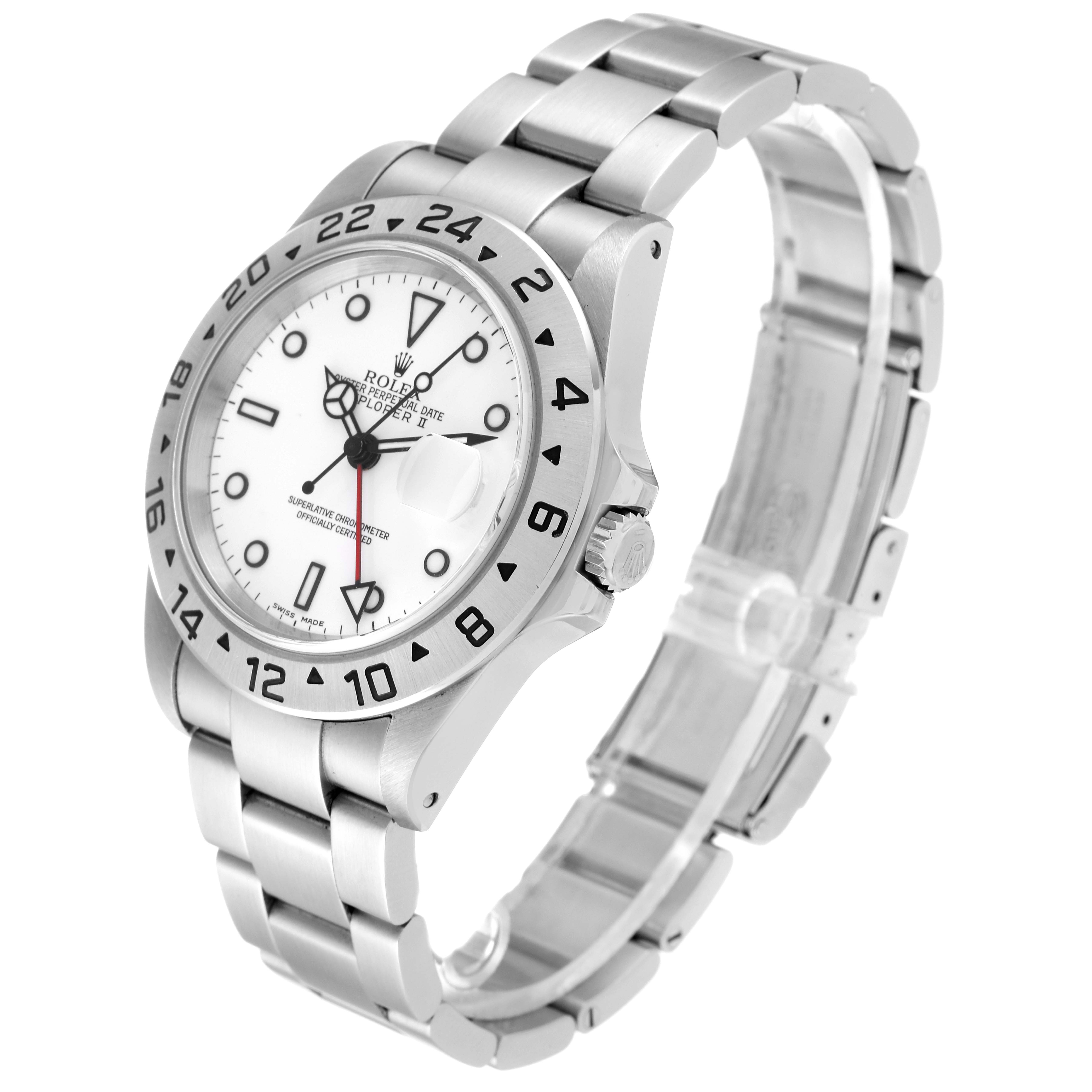 The image shows a Rolex Explorer 16570 Men
s Stainless Steel White Dial 16570 Men
s Stainless Steel White Dial watch at a three-quarter angle, highlighting its dial, bezel, crown, and bracelet.