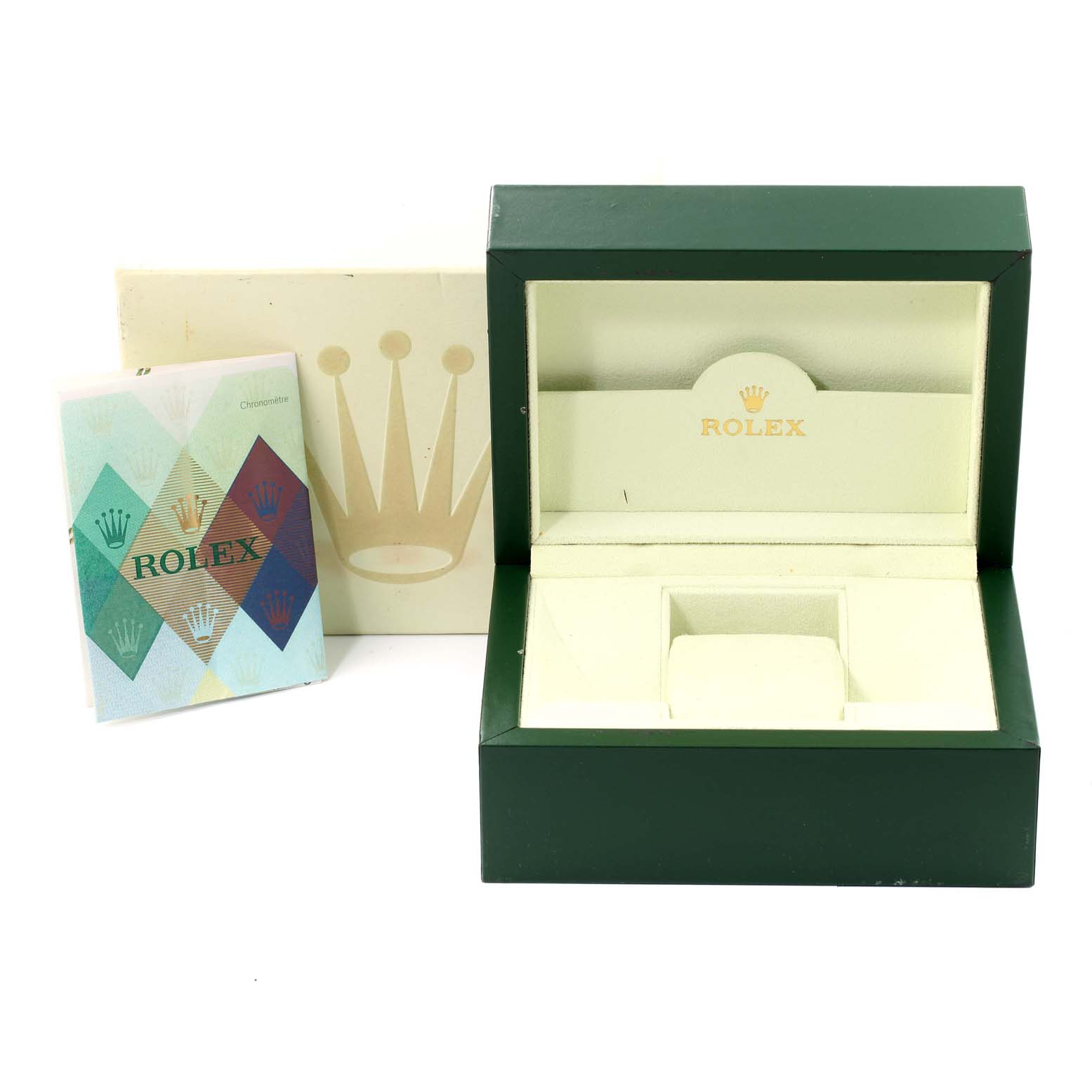 The image shows the packaging components for a Rolex Explorer 16570 Men
s Stainless Steel White Dial 16570 Men
s Stainless Steel White Dial watch, including the box, outer sleeve, and a booklet.