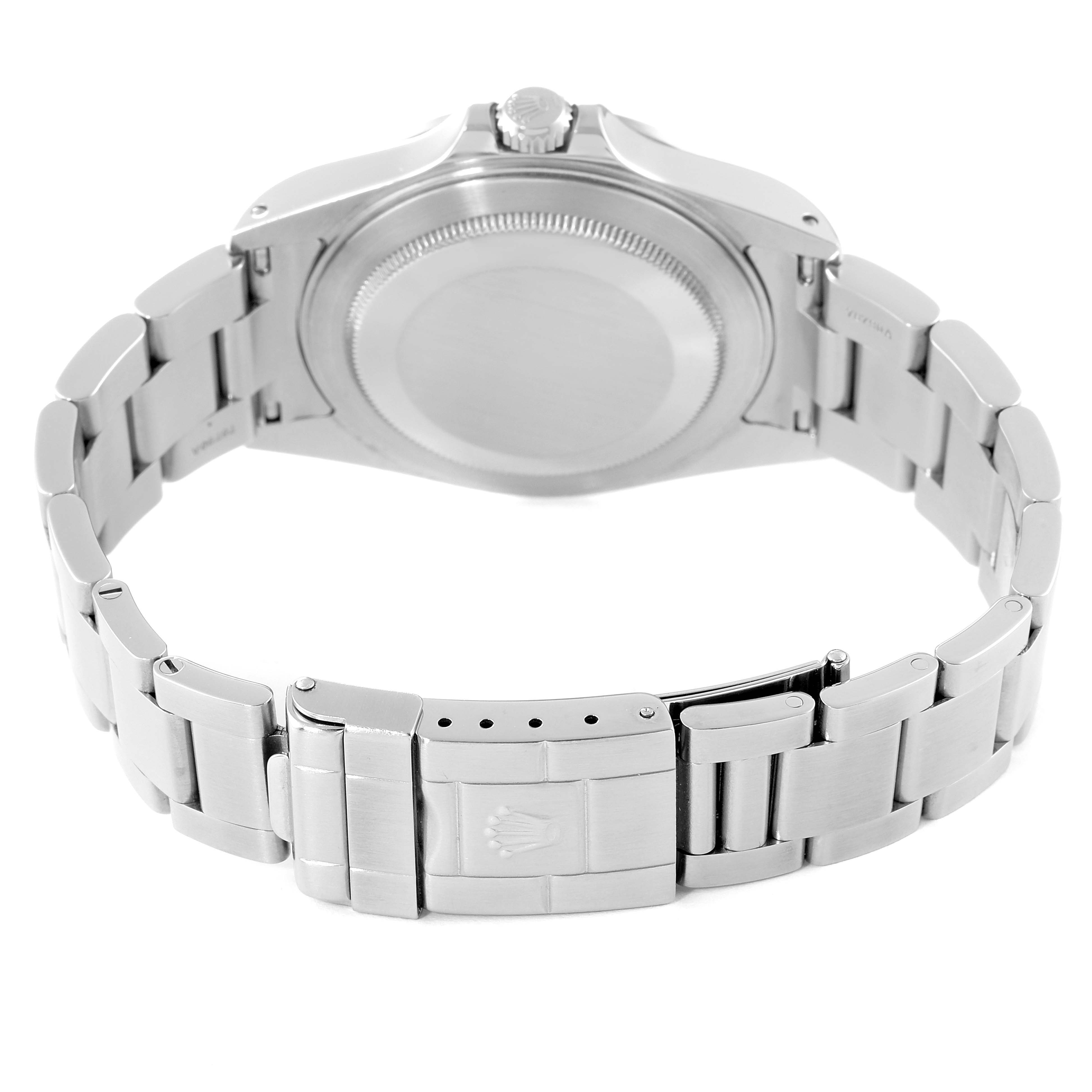 The image shows the back view of the Rolex Explorer 16570 Men
s Stainless Steel White Dial 16570 Men
s Stainless Steel White Dial watch, including the case back, crown, and bracelet clasp.