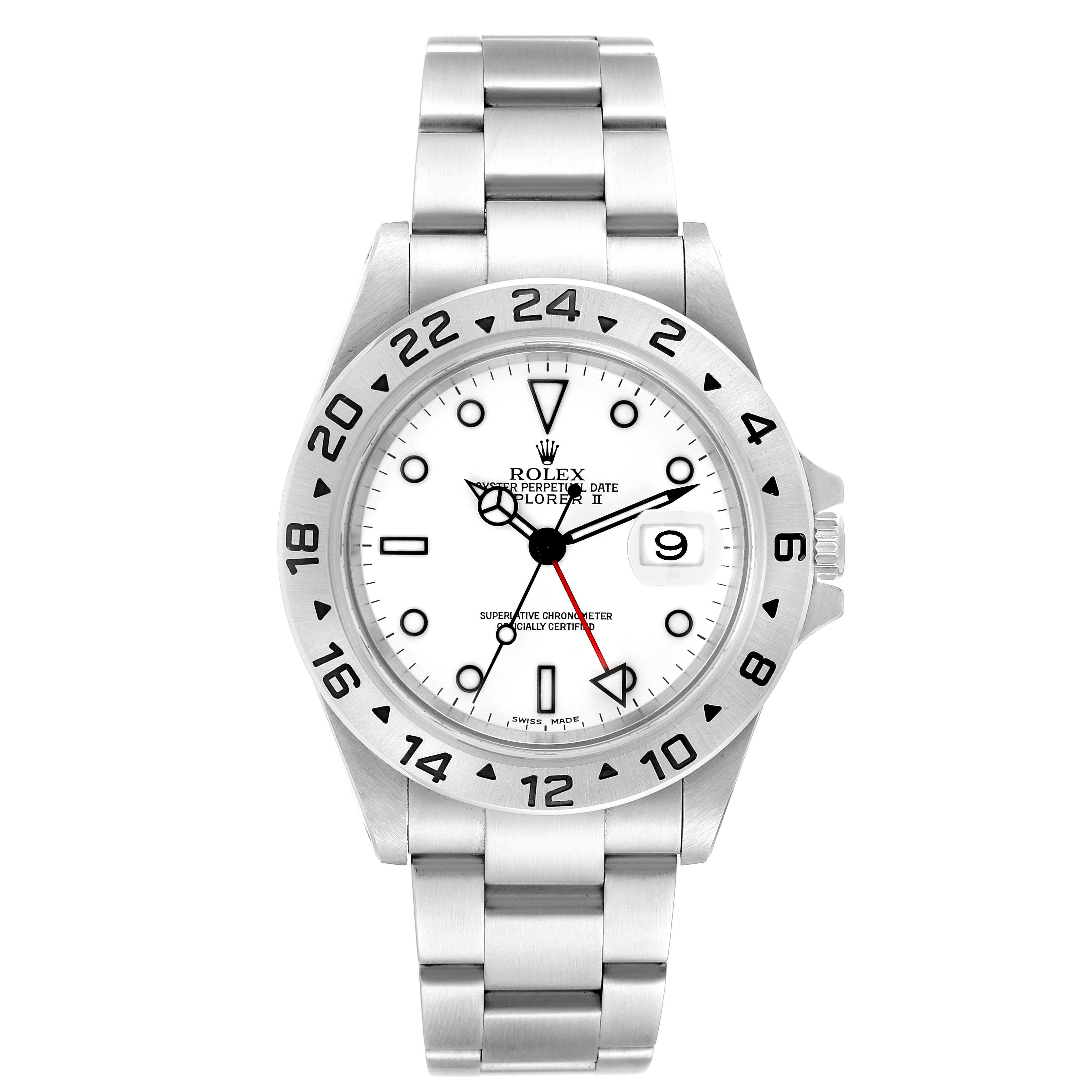 The image shows a frontal view of a Rolex Explorer 16570 Men
s Stainless Steel White Dial 16570 Men
s Stainless Steel White Dial watch, including its face, bezel, and bracelet.