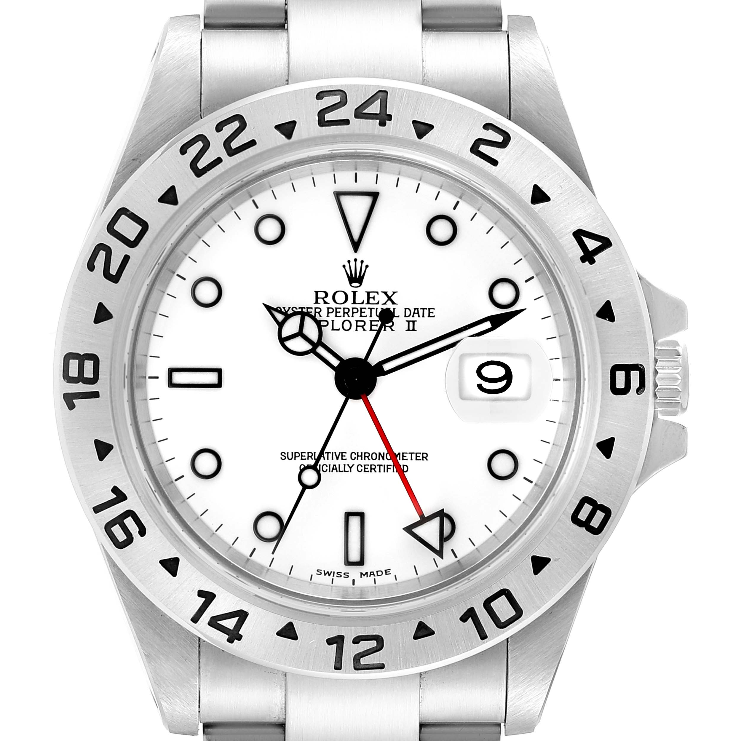 This Rolex Explorer 16570 Men
s Stainless Steel White Dial 16570 Men
s Stainless Steel White Dial watch is shown from a top-down angle, displaying the dial, hands, bezel, and part of the bracelet.