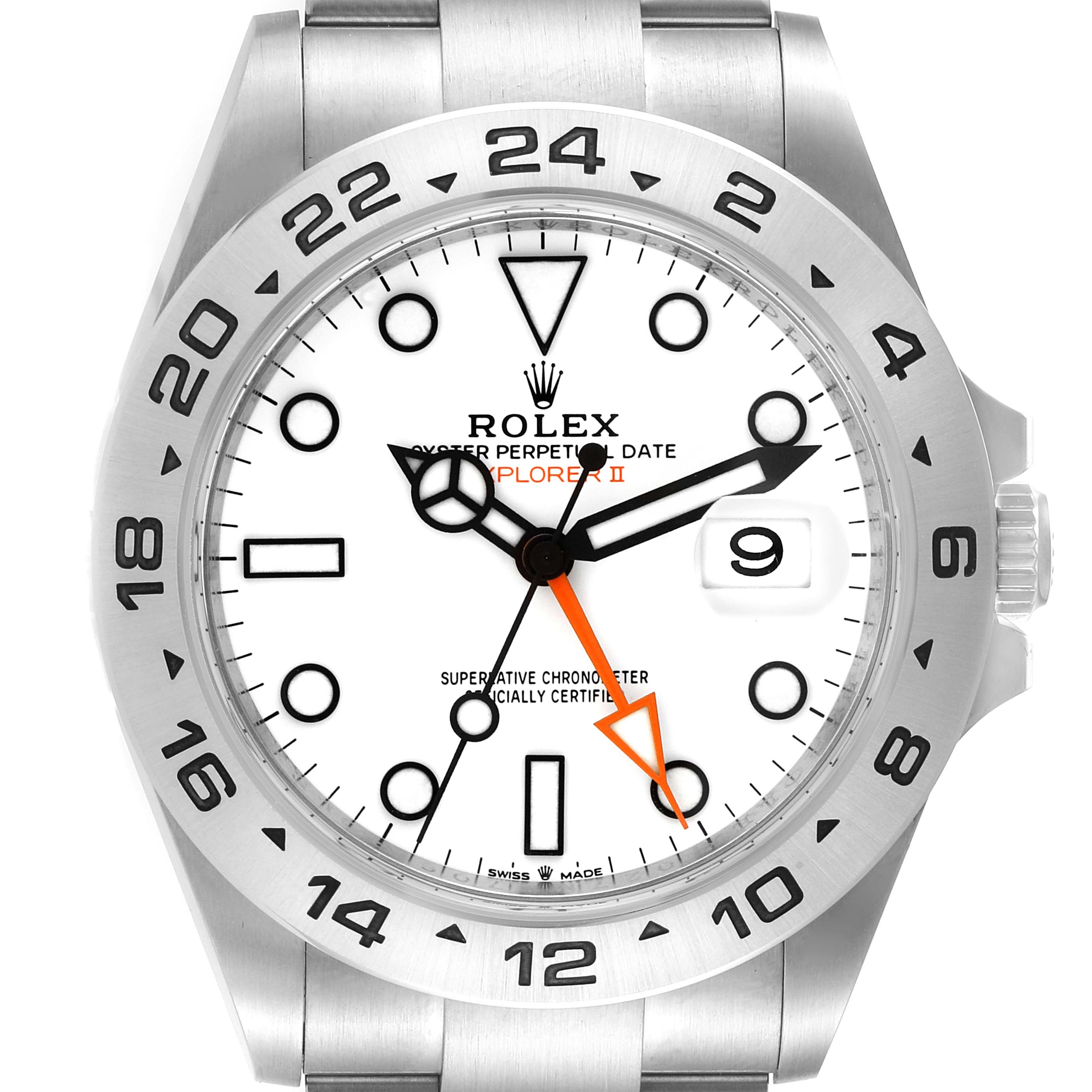 The image shows a front view of a Rolex Explorer 226570 Men's Stainless Steel White Dial 226570 Men's Stainless Steel White Dial watch displaying the face, bezel, and part of the bracelet.