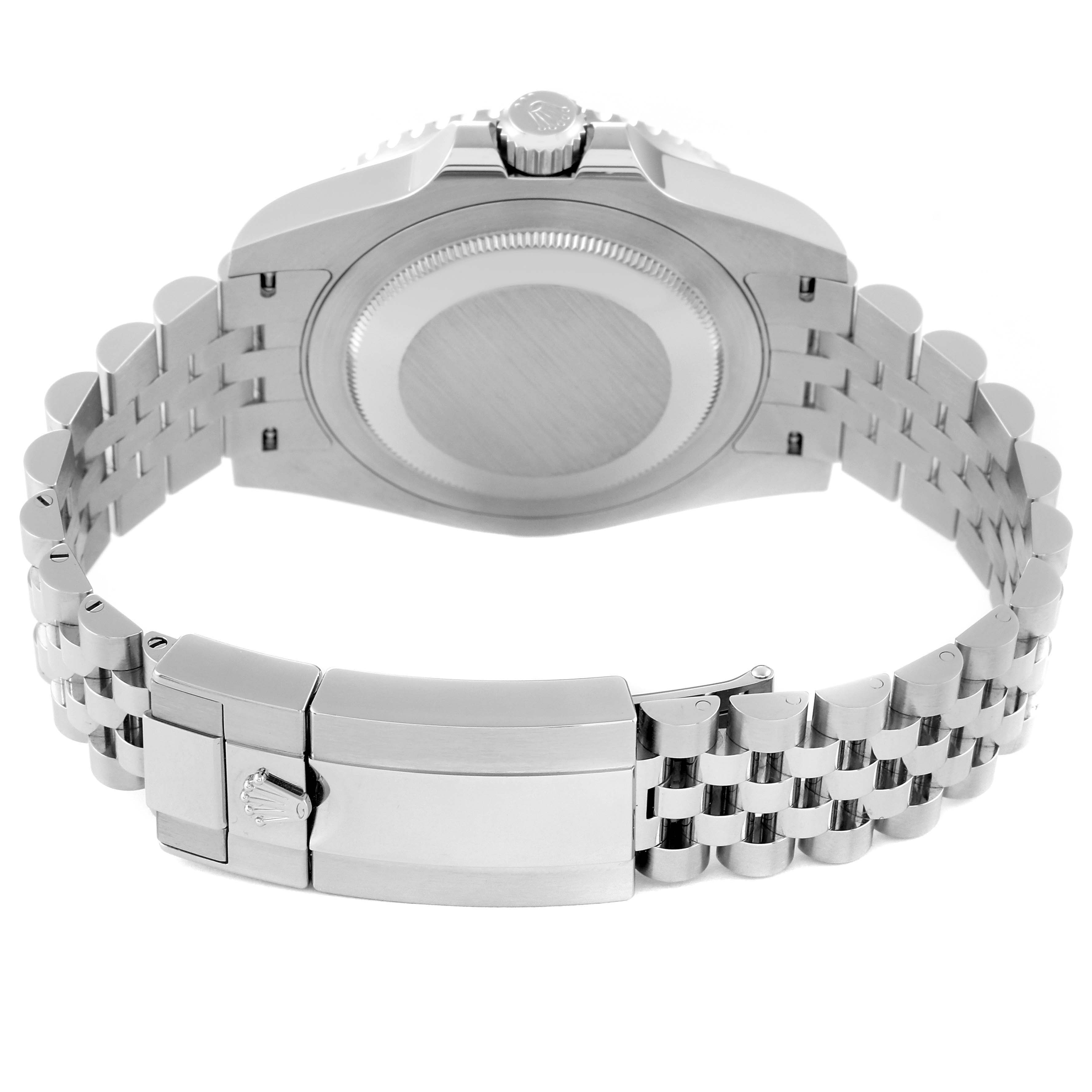 This image shows the backside and clasp of a Rolex GMT-Master 126710 Men
s Stainless Steel Black Dial 126710 Men
s Stainless Steel Black Dial watch, highlighting its bracelet and case back.