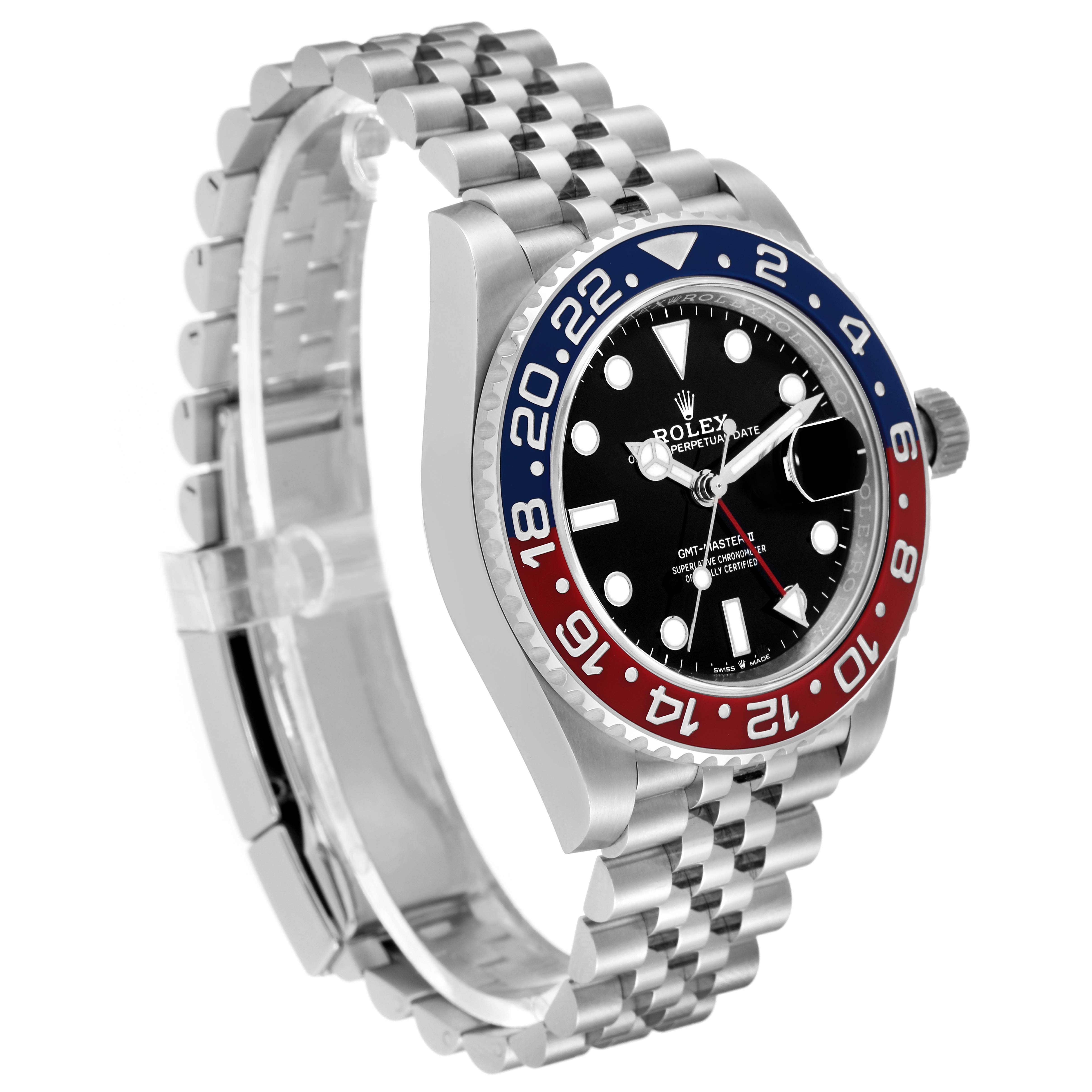 The image shows a Rolex GMT-Master 126710 Men
s Stainless Steel Black Dial 126710 Men
s Stainless Steel Black Dial watch from an angled side view, highlighting its bezel, dial, and bracelet.