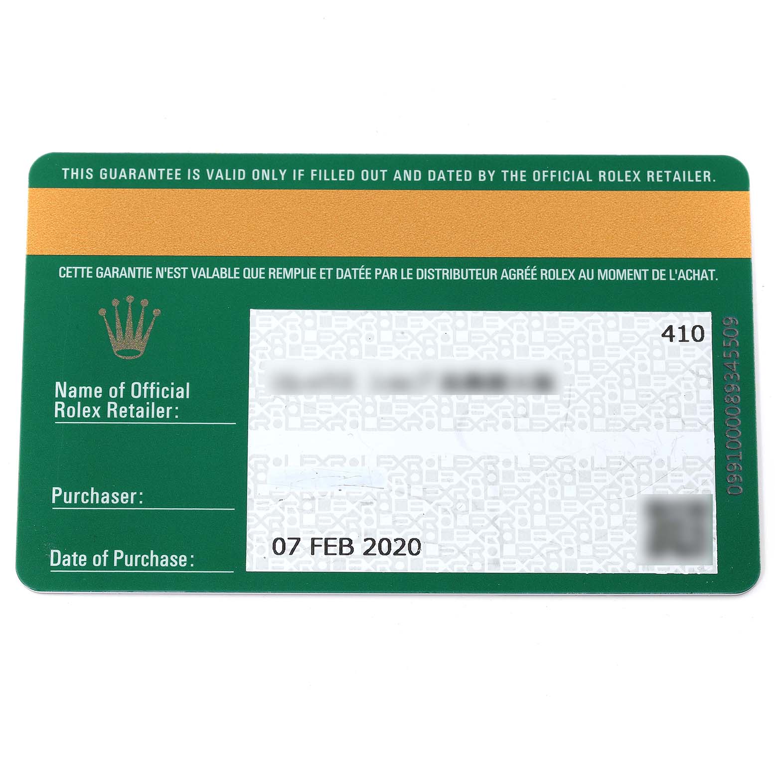 The image shows the guarantee card for a Rolex GMT-Master 126710 Men
s Stainless Steel Black Dial 126710 Men
s Stainless Steel Black Dial watch, with fields for the retailer, purchaser, and date of purchase.