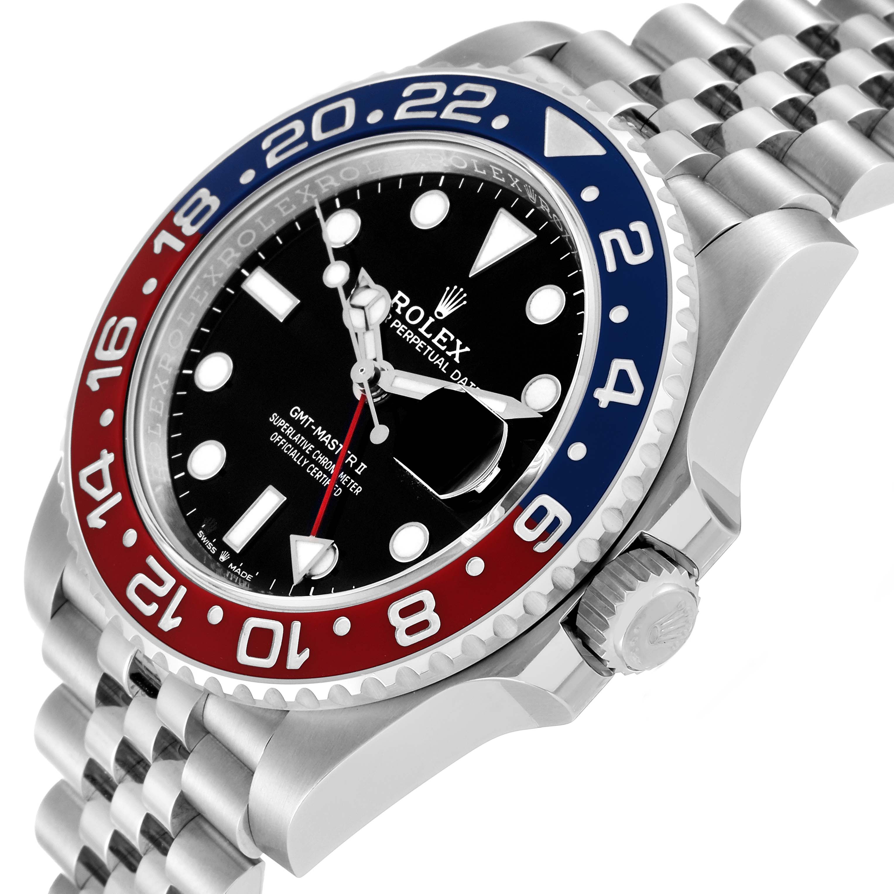 This image shows a close-up angle of a Rolex GMT-Master 126710 Men
s Stainless Steel Black Dial 126710 Men
s Stainless Steel Black Dial watch highlighting its bezel, crown, and bracelet.