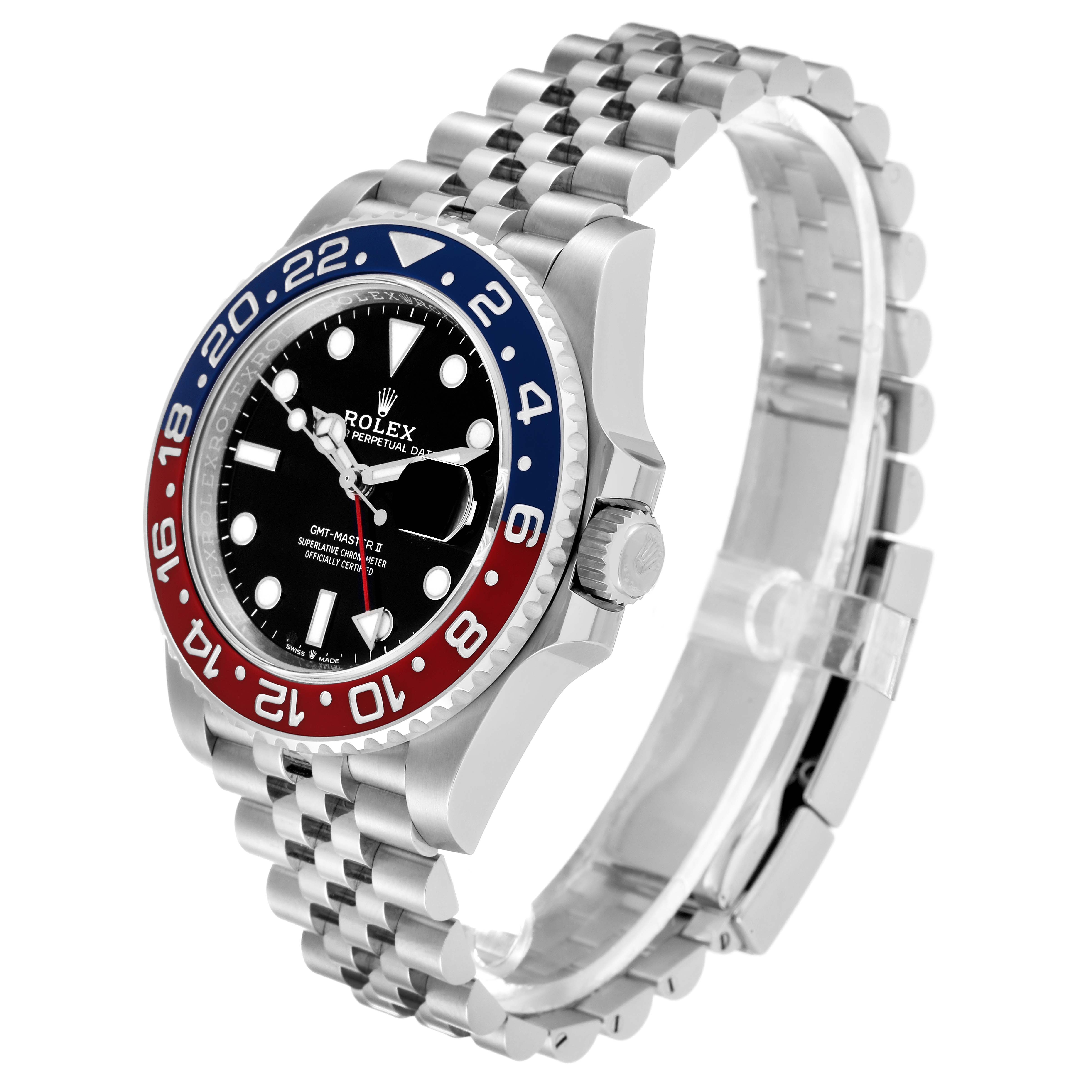 This image shows a side and front view of the Rolex GMT-Master 126710 Men
s Stainless Steel Black Dial 126710 Men
s Stainless Steel Black Dial watch, highlighting its bezel, dial, case, and bracelet.
