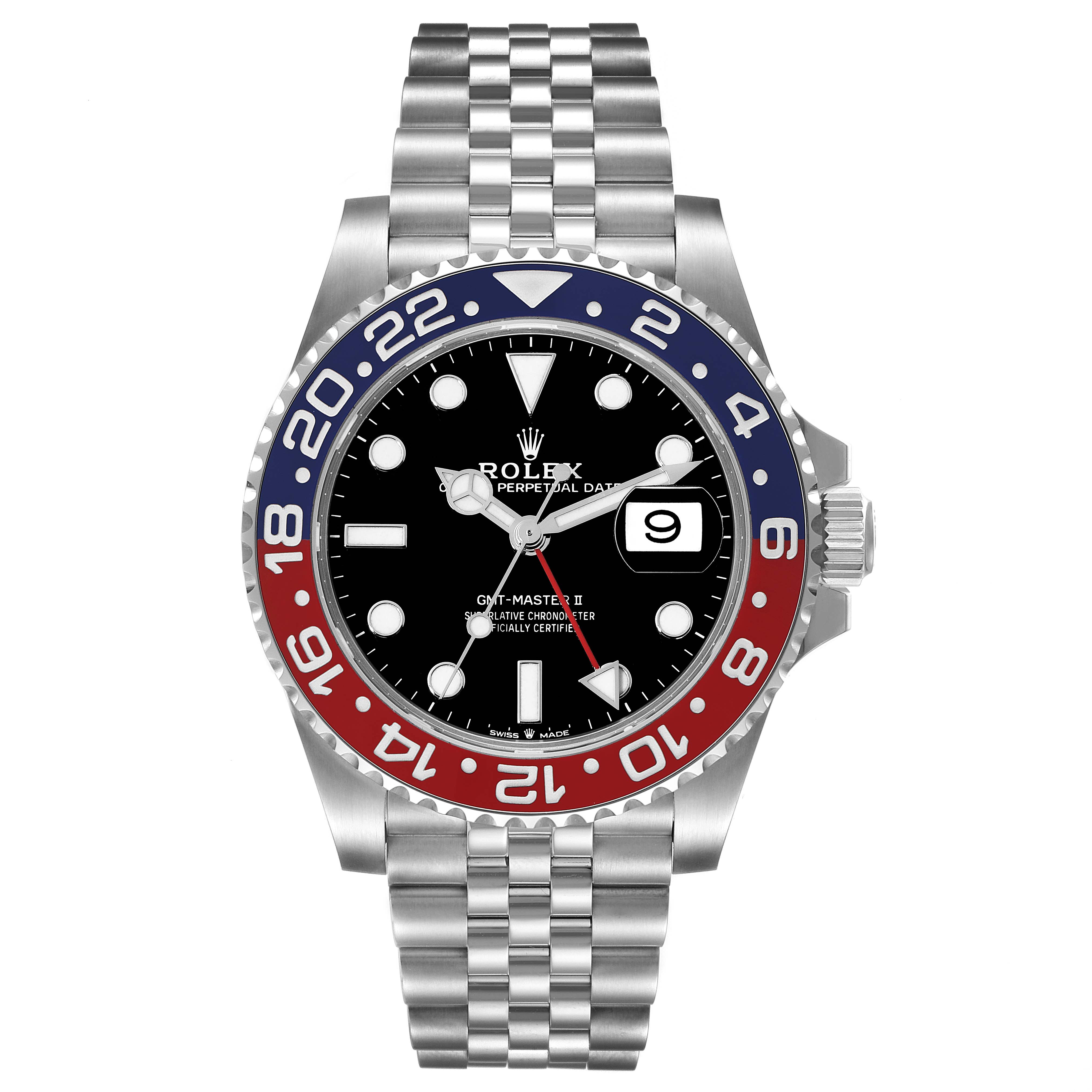 The Rolex GMT-Master 126710 Men
s Stainless Steel Black Dial 126710 Men
s Stainless Steel Black Dial watch is shown from a front angle, highlighting the face, bezel, and bracelet.