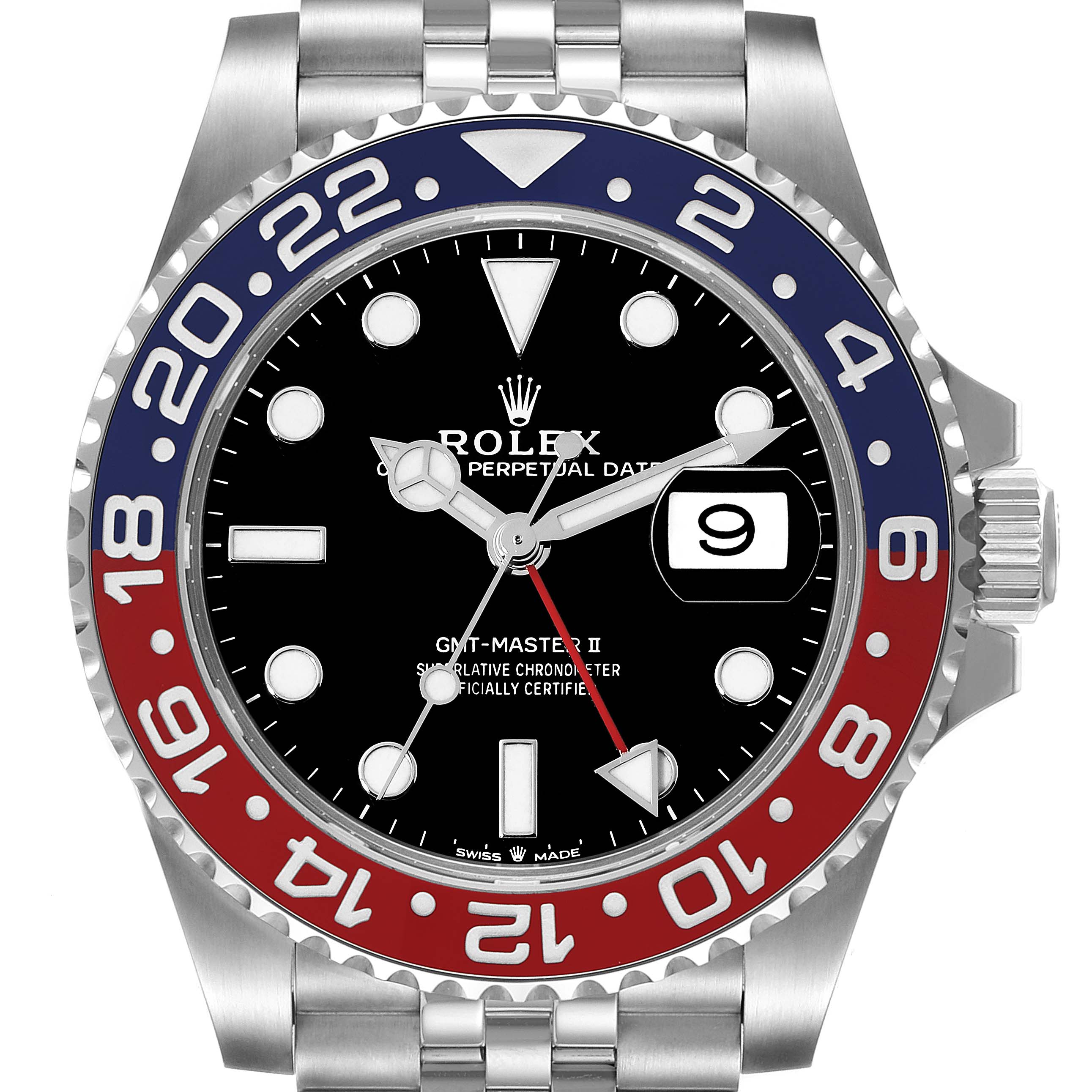 The image shows a close-up, front-facing view of the Rolex GMT-Master 126710 Men
s Stainless Steel Black Dial 126710 Men
s Stainless Steel Black Dial II watch, highlighting the bezel, dial, and part of the bracelet.