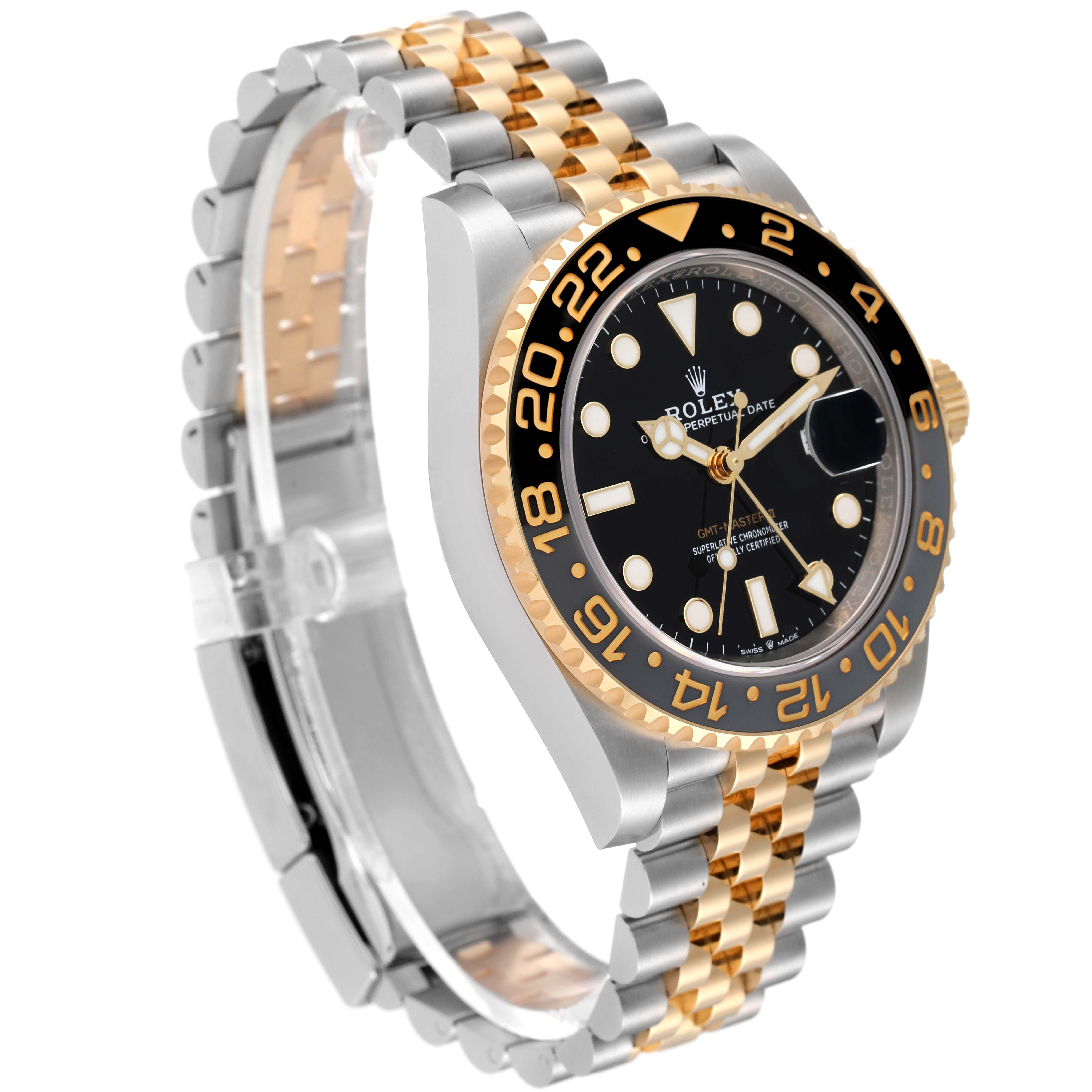 This image shows a Rolex GMT-Master 126713 Men
s Stainless Steel Black Dial 126713 Men
s Stainless Steel Black Dial watch angled to display the face, bezel, and two-tone bracelet.