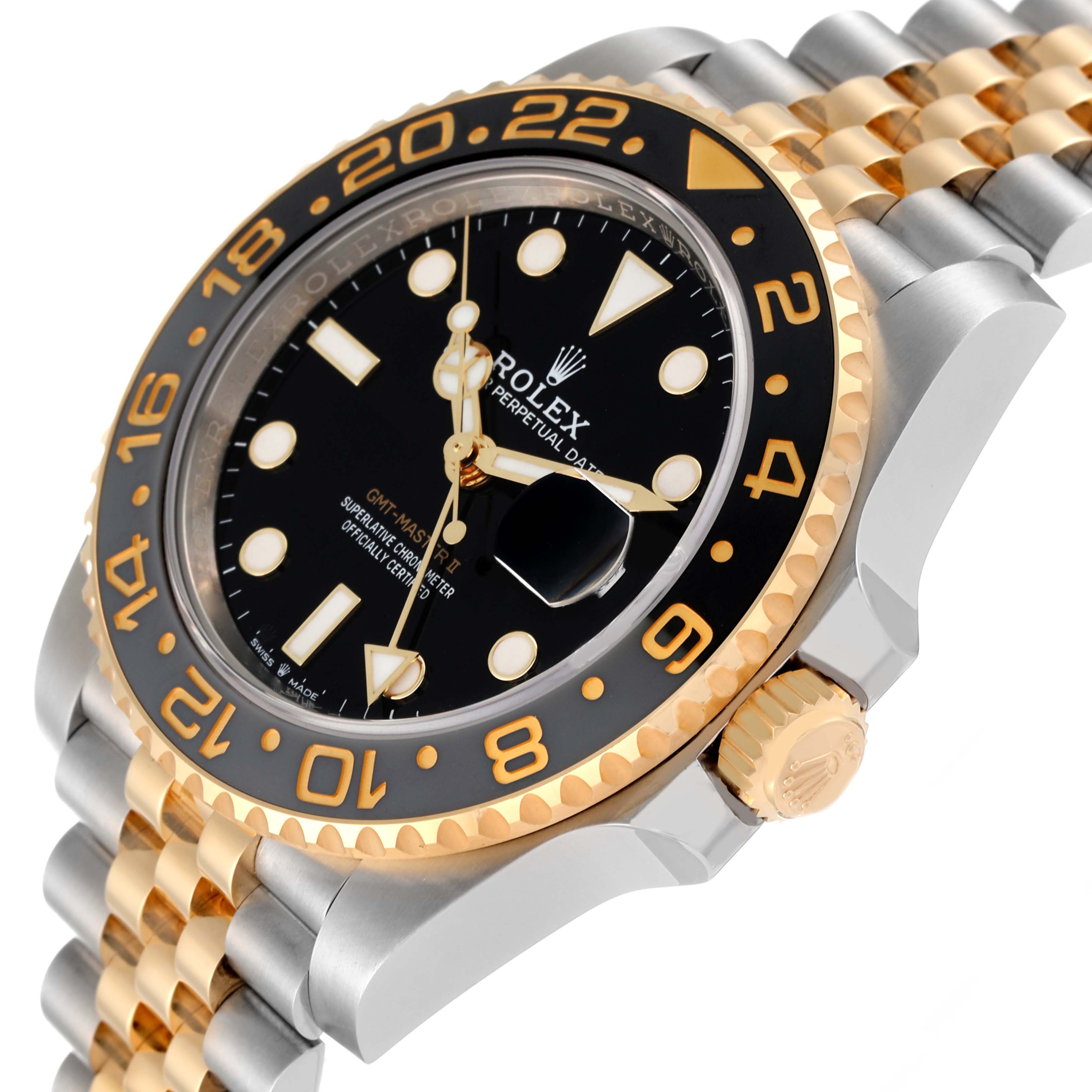 This is a close-up view of the Rolex GMT-Master 126713 Men
s Stainless Steel Black Dial 126713 Men
s Stainless Steel Black Dial watch showing the dial, bezel, crown, and bracelet.