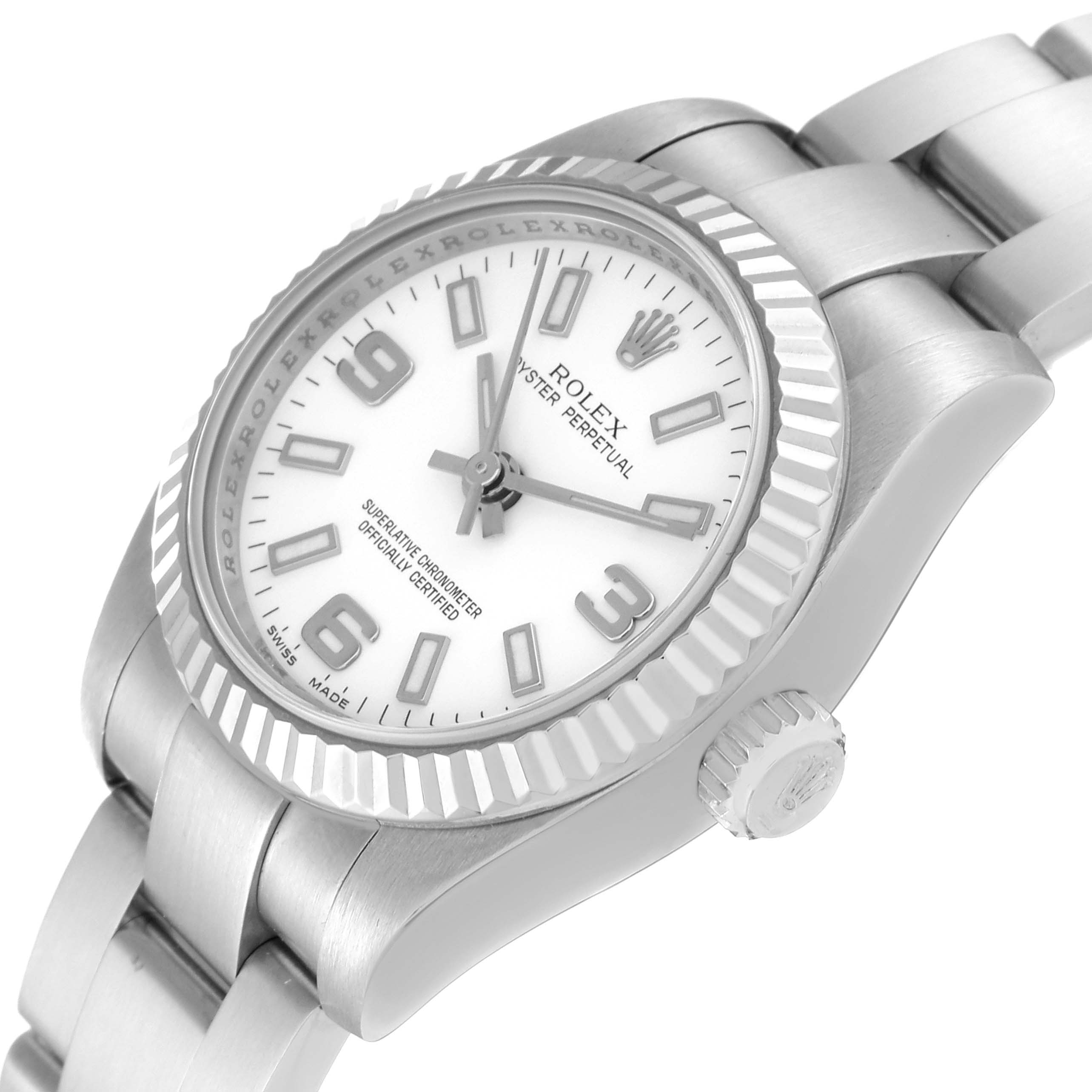 The image shows a Rolex Oyster Perpetual 176234 Women
s Stainless Steel White Dial 176234 Women
s Stainless Steel White Dial watch at an angled perspective, highlighting the dial, bezel, crown, and part of the bracelet.