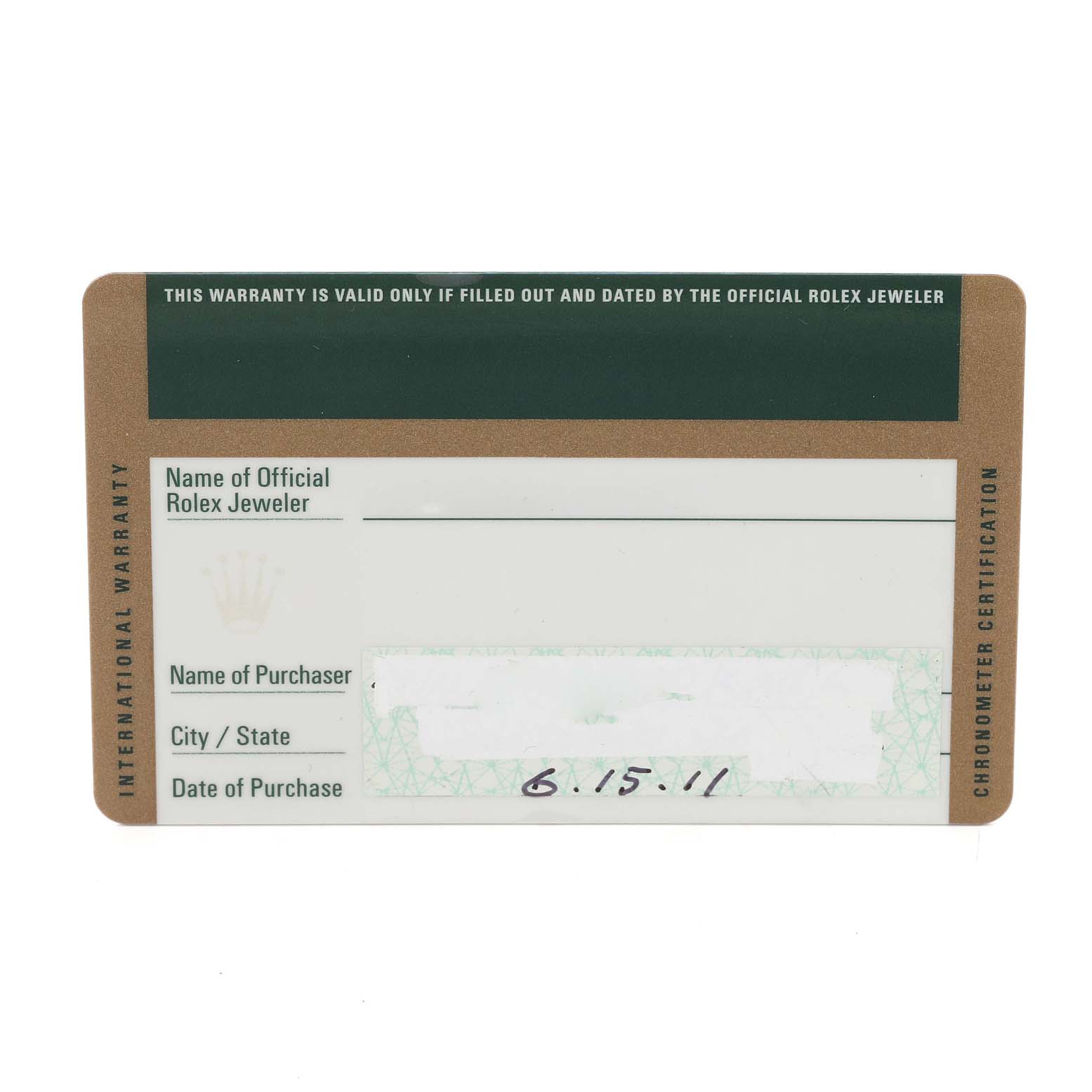 This image shows an international warranty card for a Rolex Oyster Perpetual 176234 Women
s Stainless Steel White Dial 176234 Women
s Stainless Steel White Dial watch.