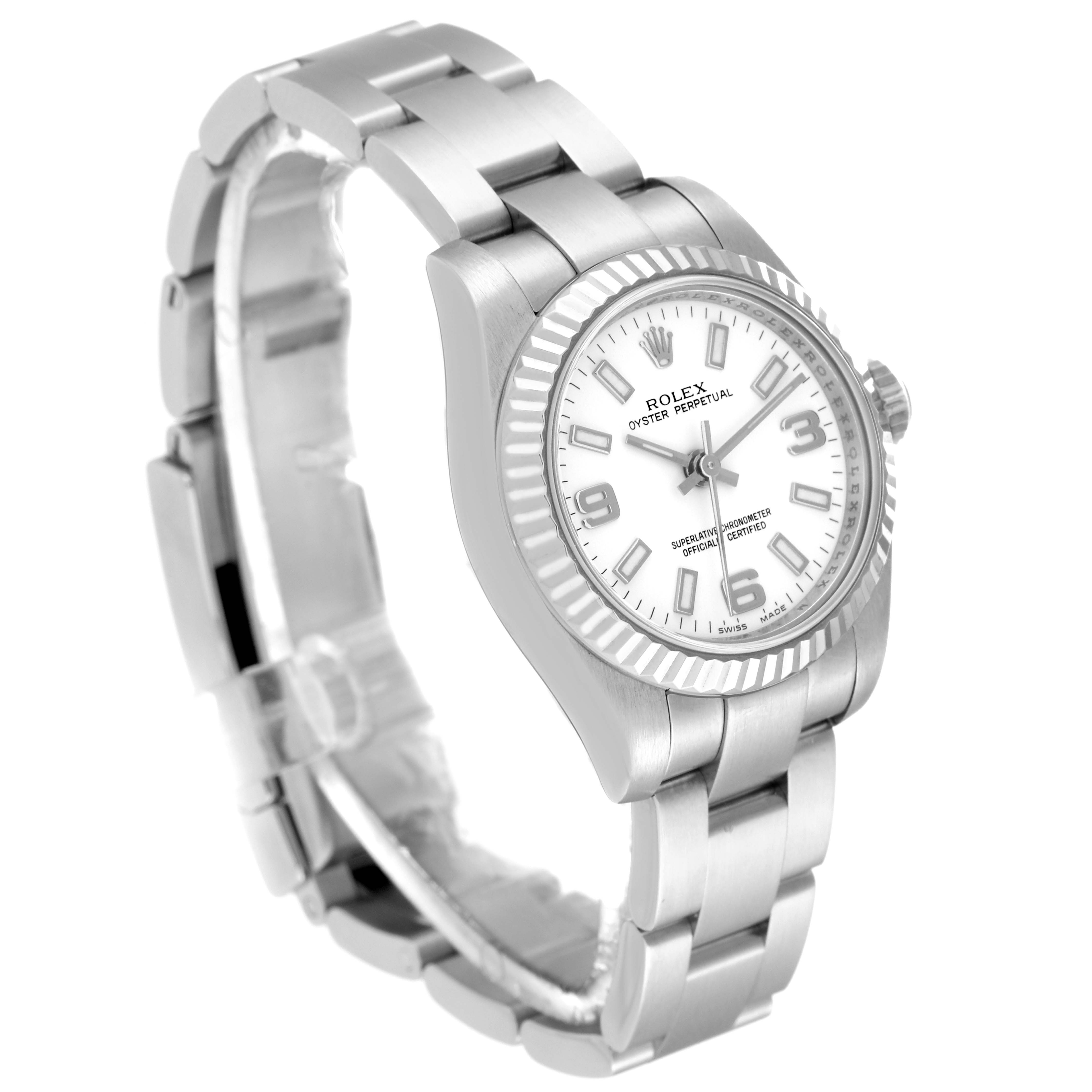 The image shows a Rolex Oyster Perpetual 176234 Women
s Stainless Steel White Dial 176234 Women
s Stainless Steel White Dial watch at a slight left-facing angle, highlighting the bracelet, bezel, dial, and crown.