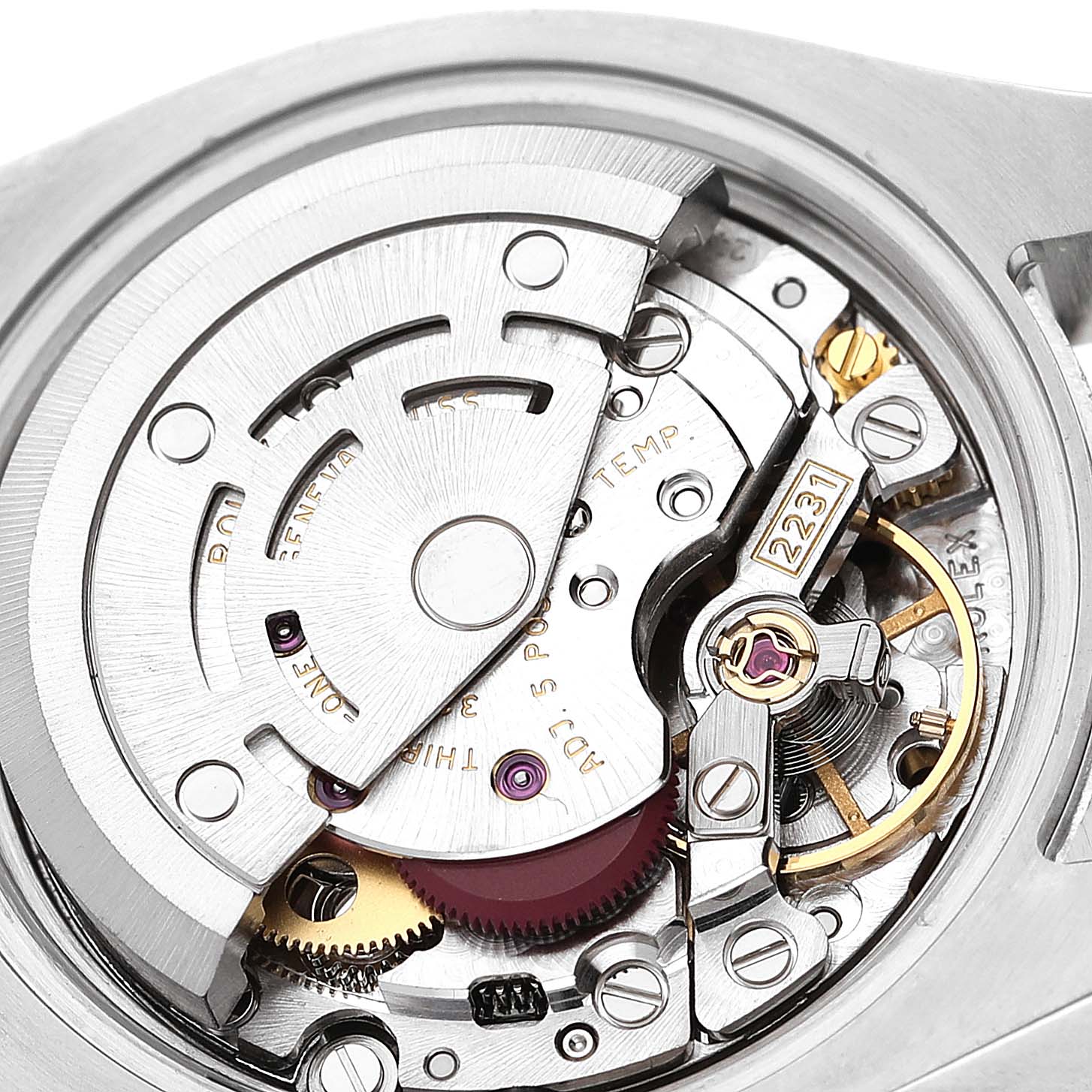 This image shows a close-up of the movement and intricate inner workings of a Rolex Oyster Perpetual 176234 Women
s Stainless Steel White Dial 176234 Women
s Stainless Steel White Dial watch.