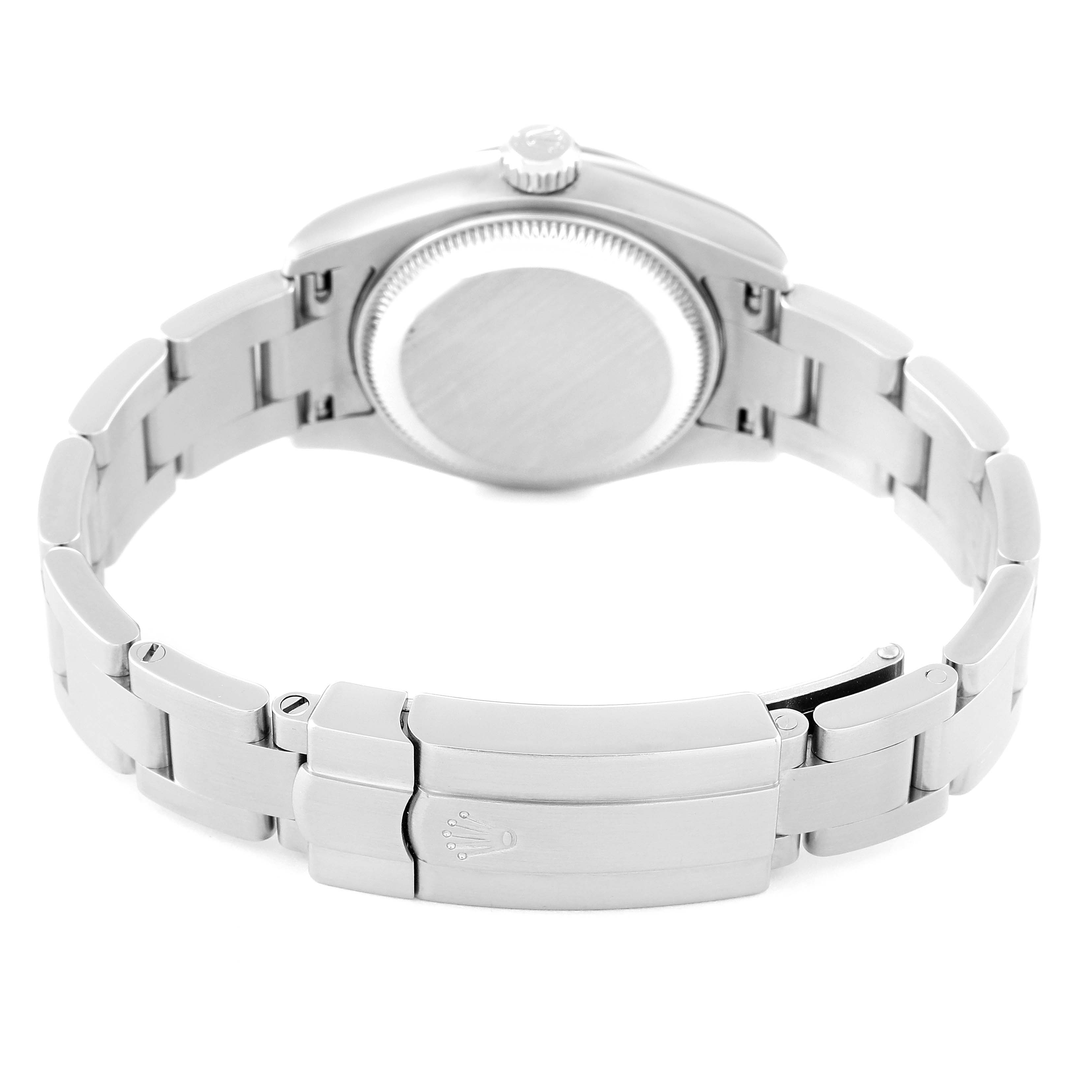 The image shows the back of a Rolex Oyster Perpetual 176234 Women
s Stainless Steel White Dial 176234 Women
s Stainless Steel White Dial watch, highlighting the case back and stainless steel bracelet.