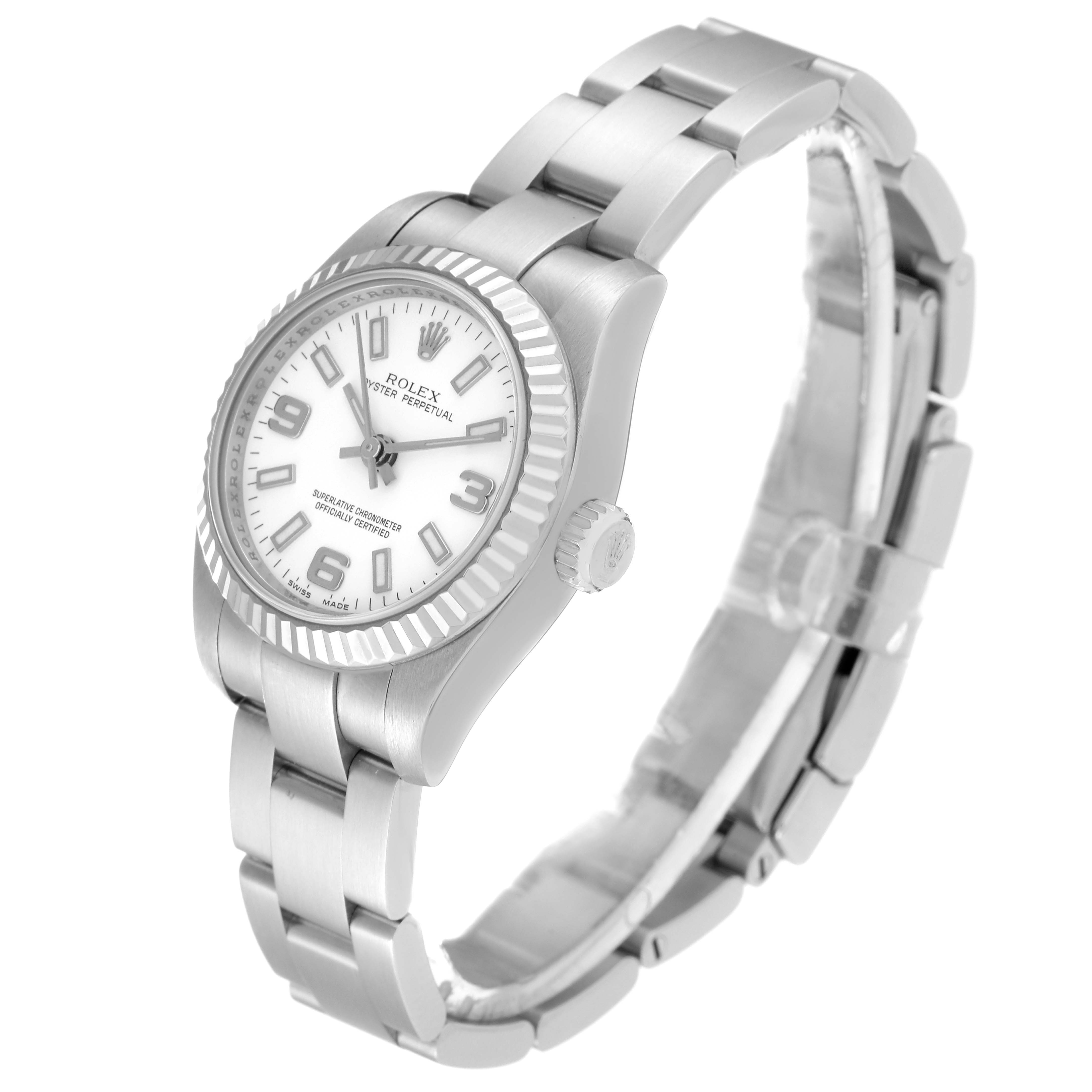 This image shows a Rolex Oyster Perpetual 176234 Women
s Stainless Steel White Dial 176234 Women
s Stainless Steel White Dial watch from a three-quarter angle, highlighting the face, bezel, crown, and bracelet.