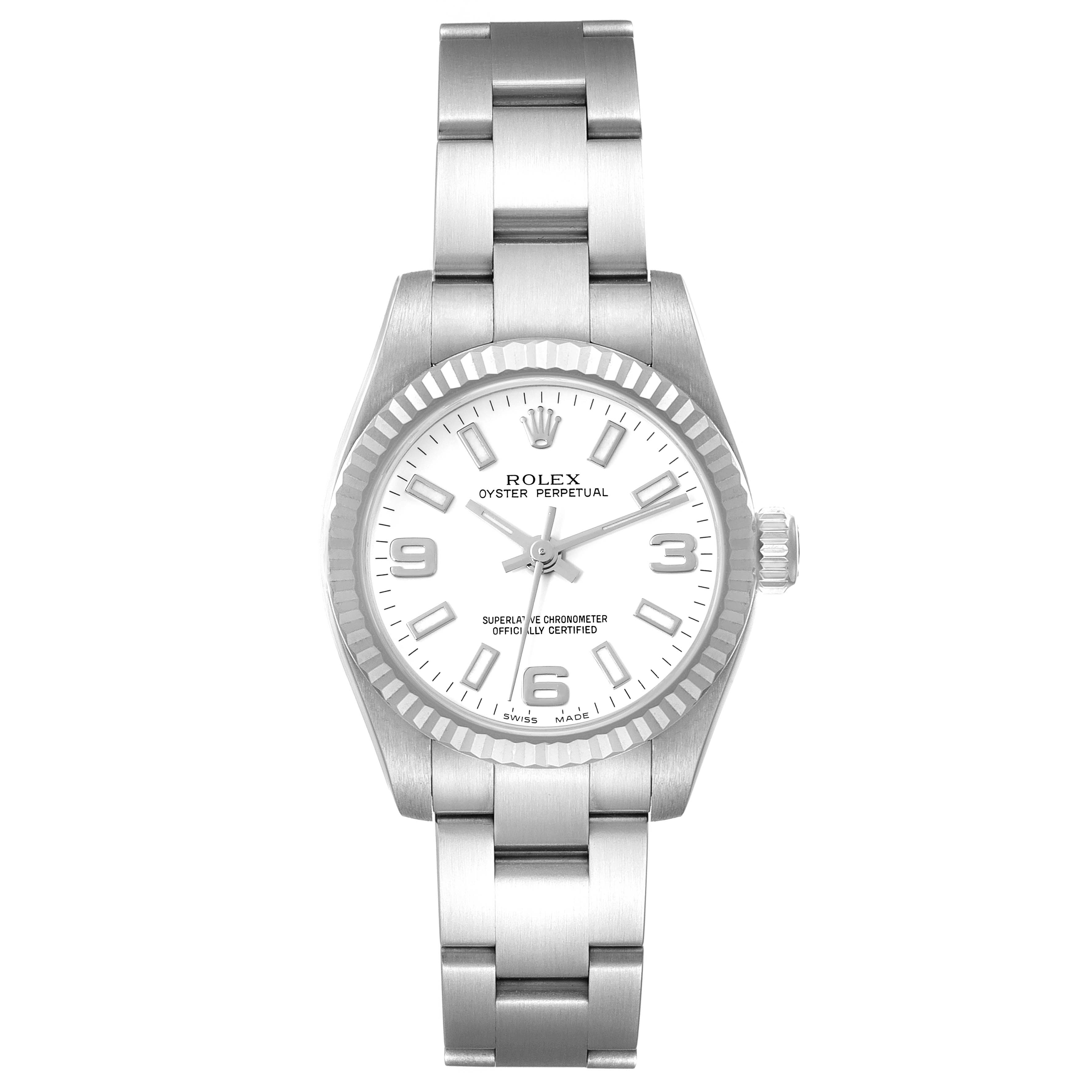 The image shows a front view of a Rolex Oyster Perpetual 176234 Women
s Stainless Steel White Dial 176234 Women
s Stainless Steel White Dial watch, displaying its bracelet, bezel, dial, and crown.