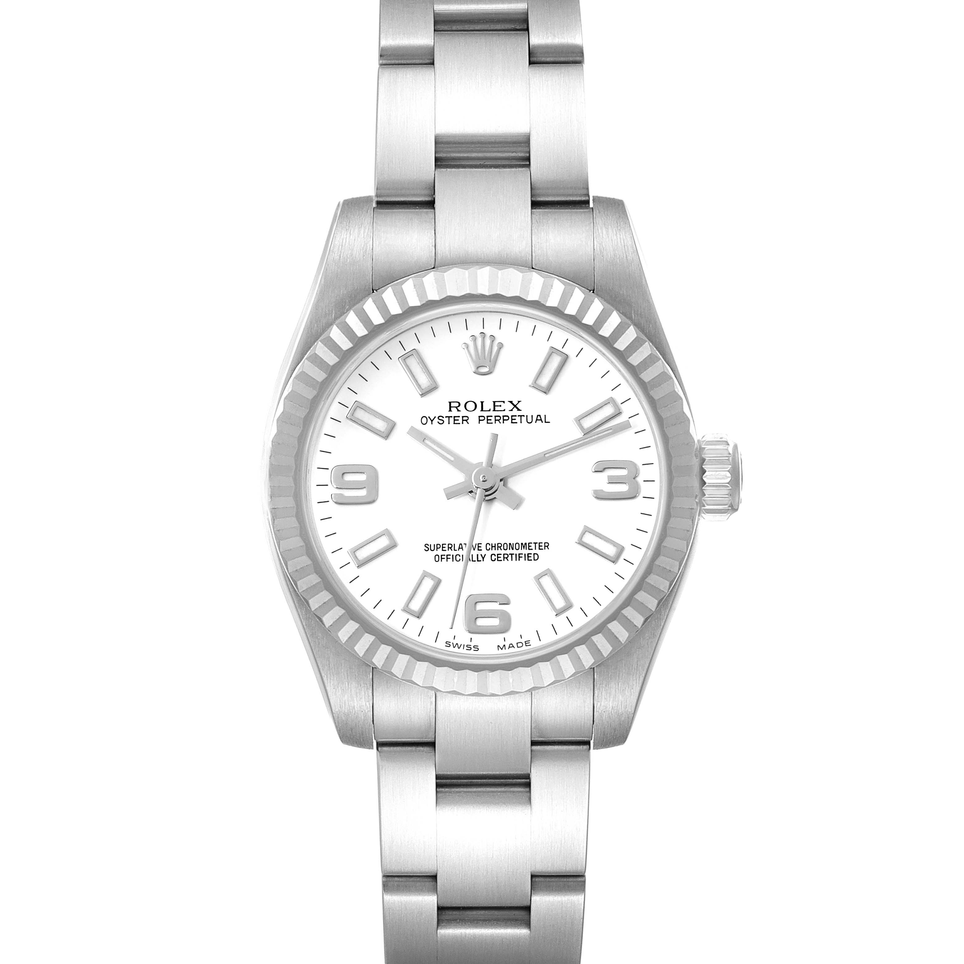 This image shows a front view of the Rolex Oyster Perpetual 176234 Women
s Stainless Steel White Dial 176234 Women
s Stainless Steel White Dial watch, displaying its dial, bezel, and part of the bracelet.
