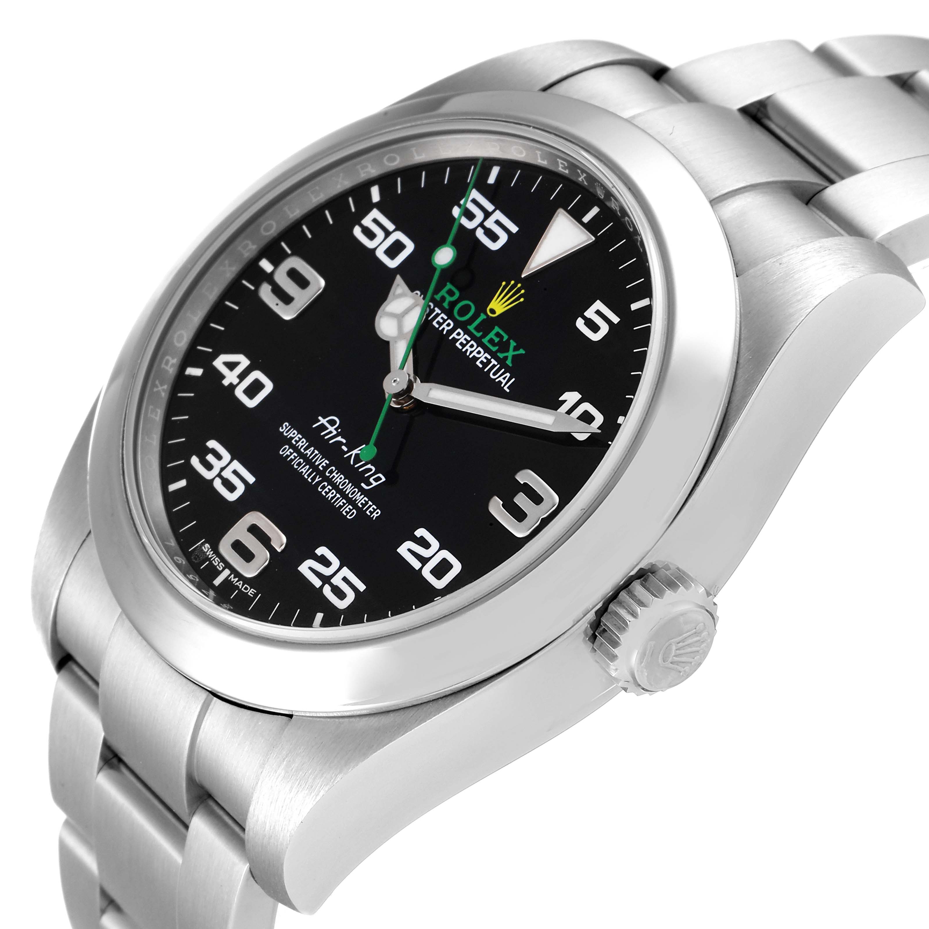 The image shows a Rolex Air-King 116900 Men's Stainless Steel Black Dial 116900 Men's Stainless Steel Black Dial watch angled from the bottom right, revealing the dial, bracelet, bezel, and crown.