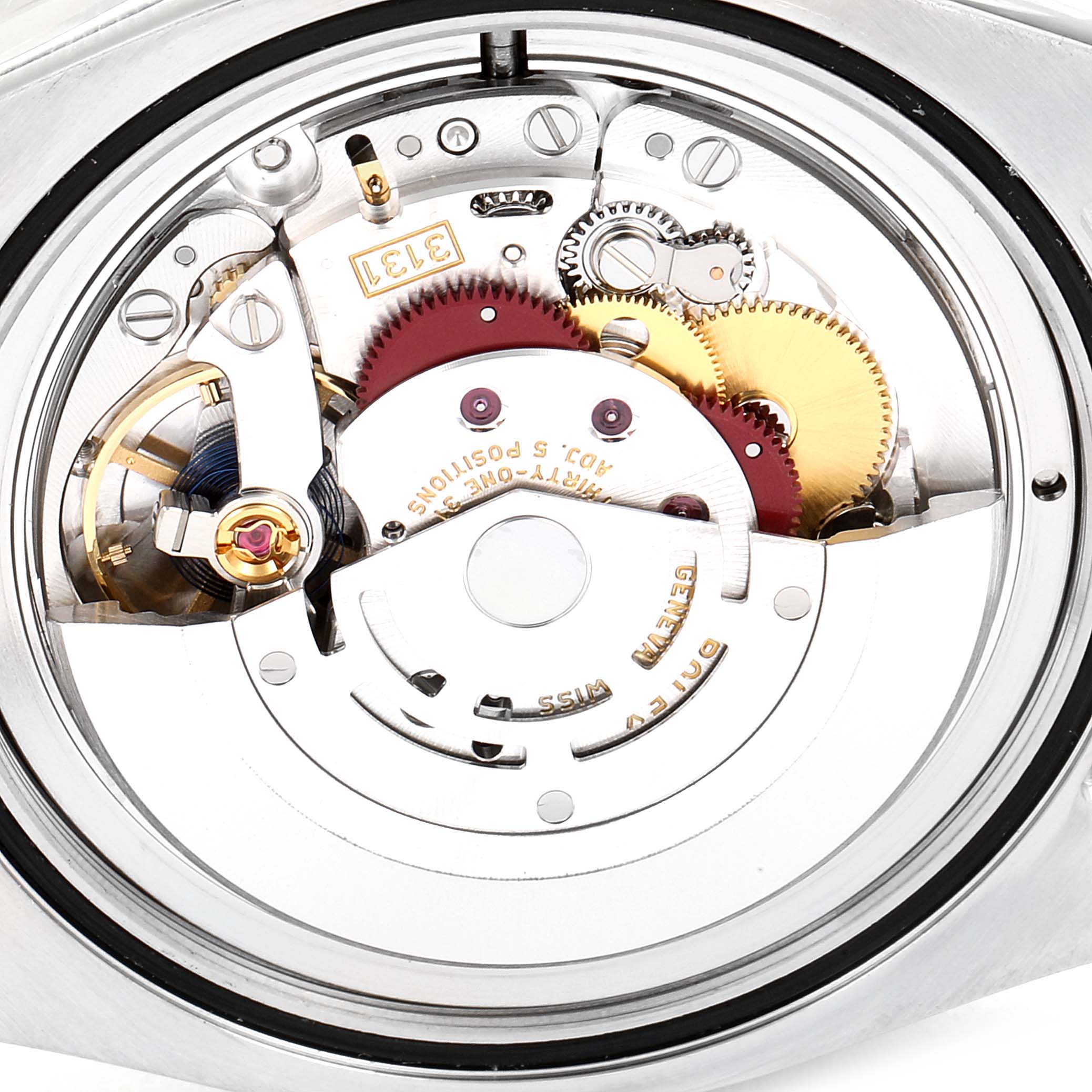 This image shows the internal mechanical movement of a Rolex Air-King 116900 Men's Stainless Steel Black Dial 116900 Men's Stainless Steel Black Dial watch from a close-up rear angle.