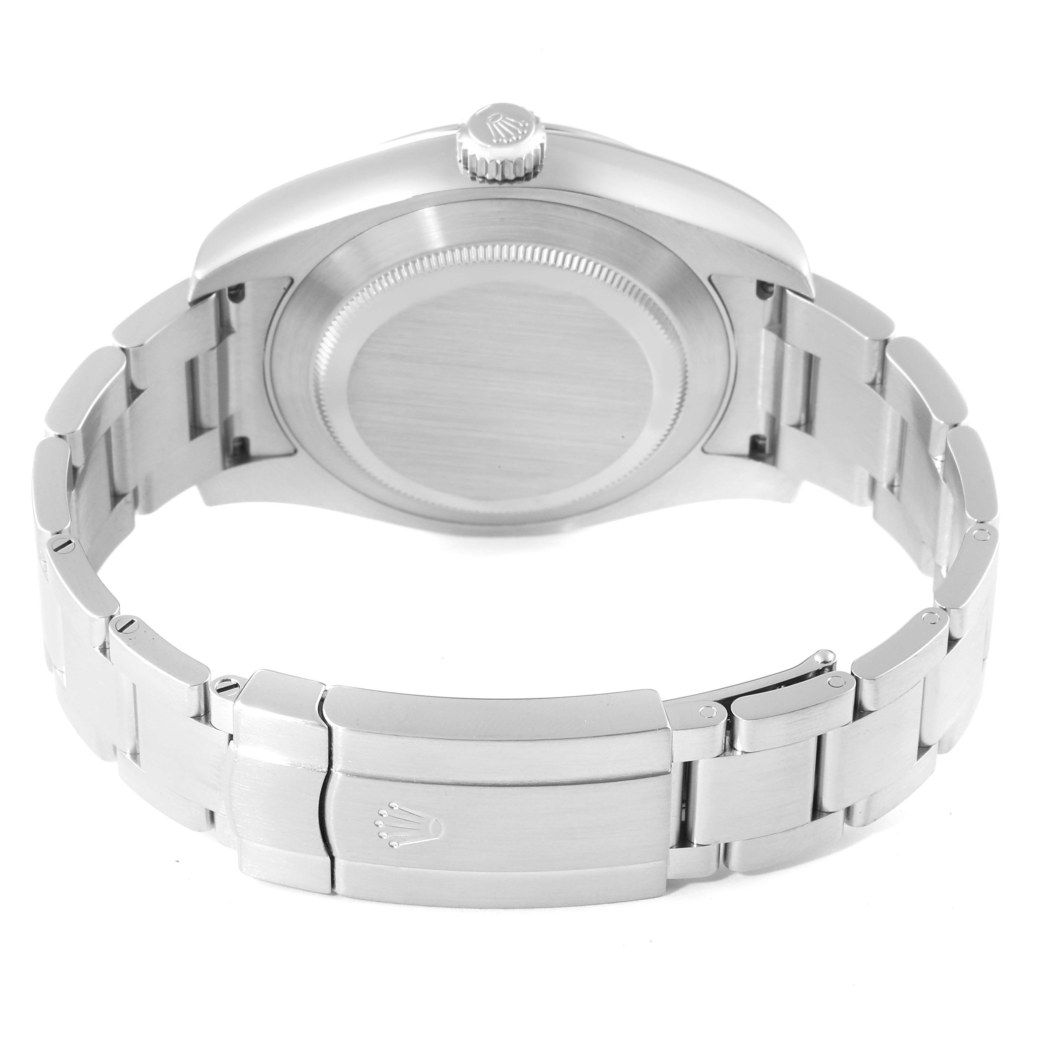 This image shows the back view of a Rolex Air-King 116900 Men's Stainless Steel Black Dial 116900 Men's Stainless Steel Black Dial watch, highlighting the case back and bracelet clasp.