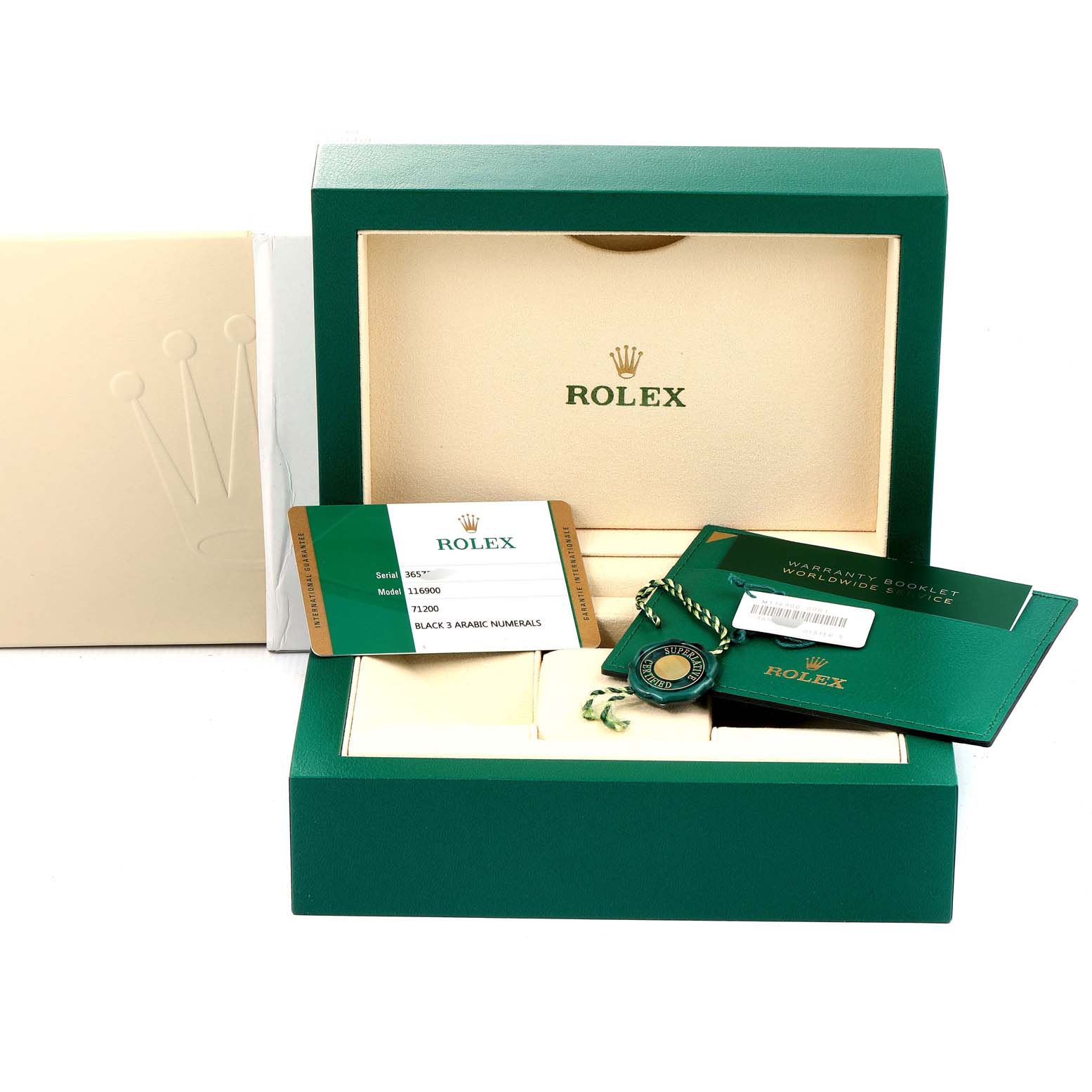 The image shows a Rolex Air-King 116900 Men's Stainless Steel Black Dial 116900 Men's Stainless Steel Black Dial watch box, warranty card, booklet, and tags, all from a frontal angle.