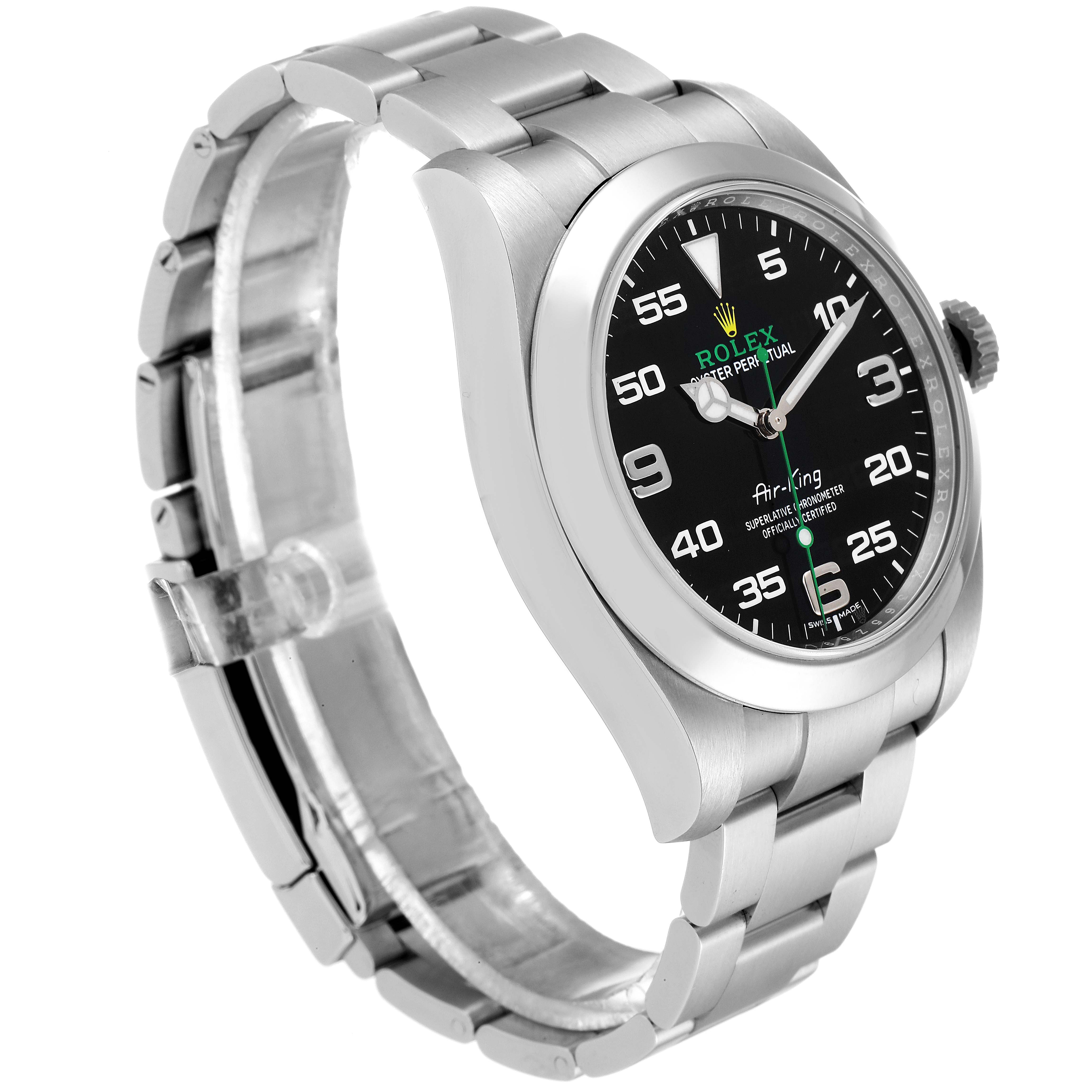 The image shows a Rolex Air-King 116900 Men's Stainless Steel Black Dial 116900 Men's Stainless Steel Black Dial watch from a slight left-side angle, highlighting the bracelet, case, and dial.