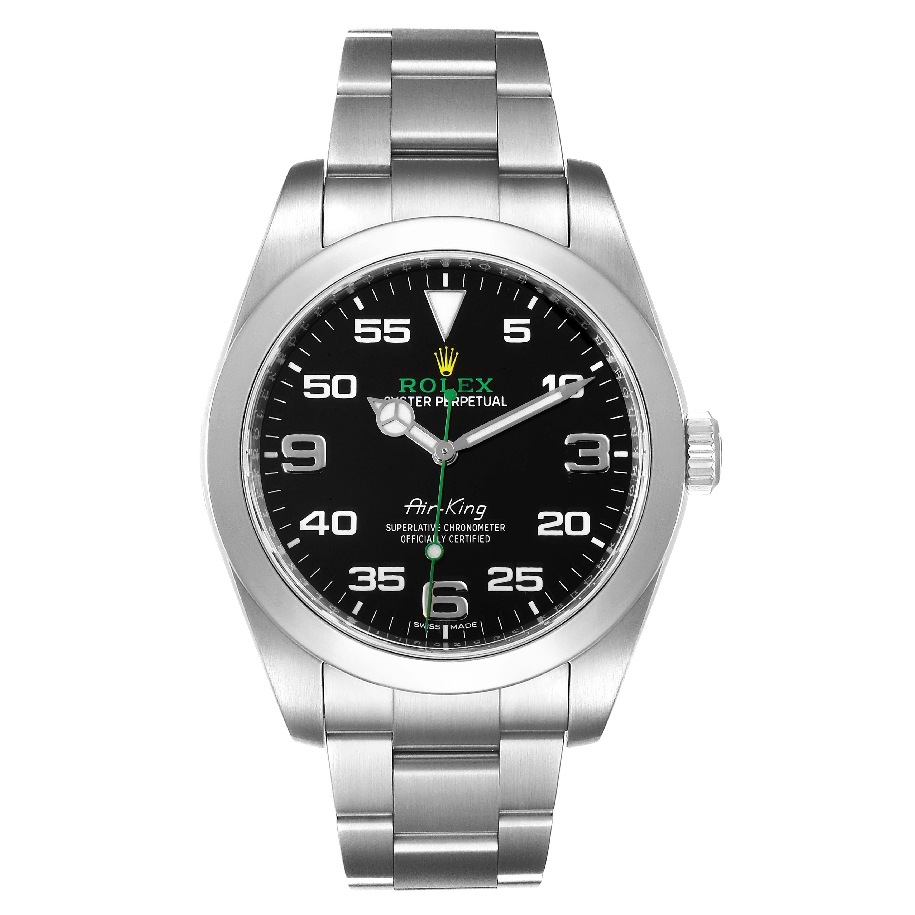 The image shows a front view of the Rolex Air-King 116900 Men's Stainless Steel Black Dial 116900 Men's Stainless Steel Black Dial watch, highlighting the face, dial, and bracelet.