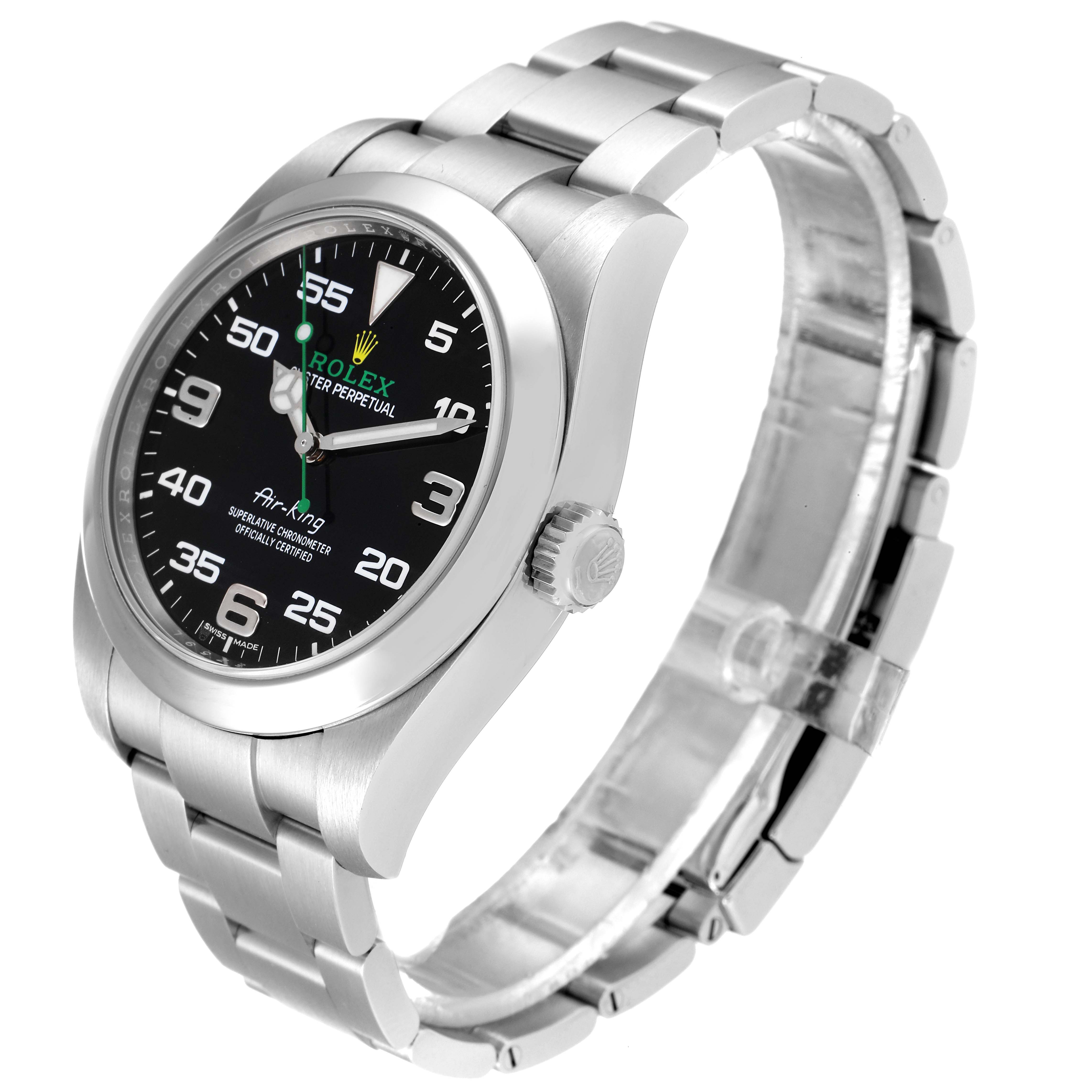 The image shows a Rolex Air-King 116900 Men's Stainless Steel Black Dial 116900 Men's Stainless Steel Black Dial watch at a three-quarter angle, displaying the dial, case, bezel, crown, and bracelet.