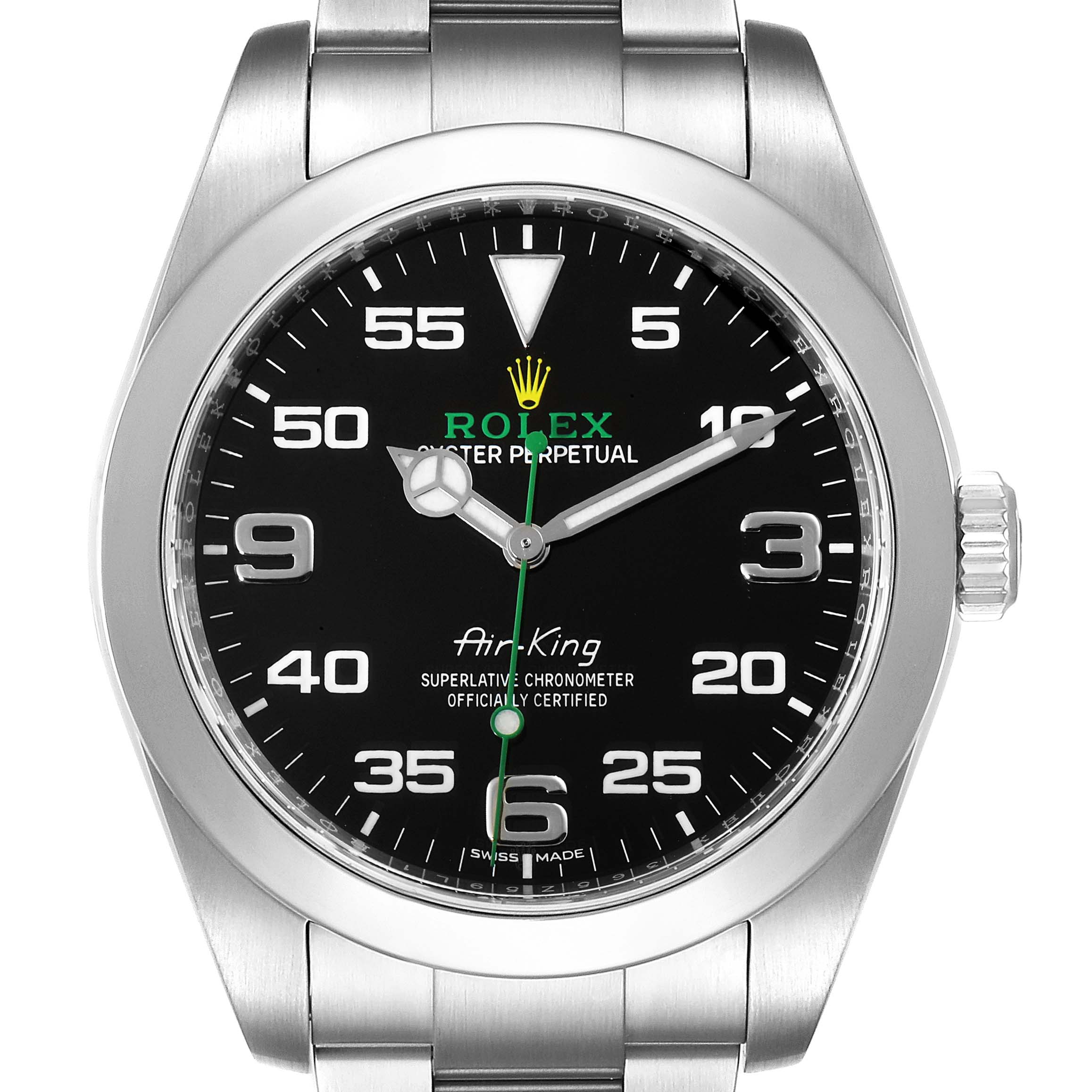 The image shows a front view of the Rolex Air-King 116900 Men's Stainless Steel Black Dial 116900 Men's Stainless Steel Black Dial watch, displaying its black dial, markers, and stainless steel case.
