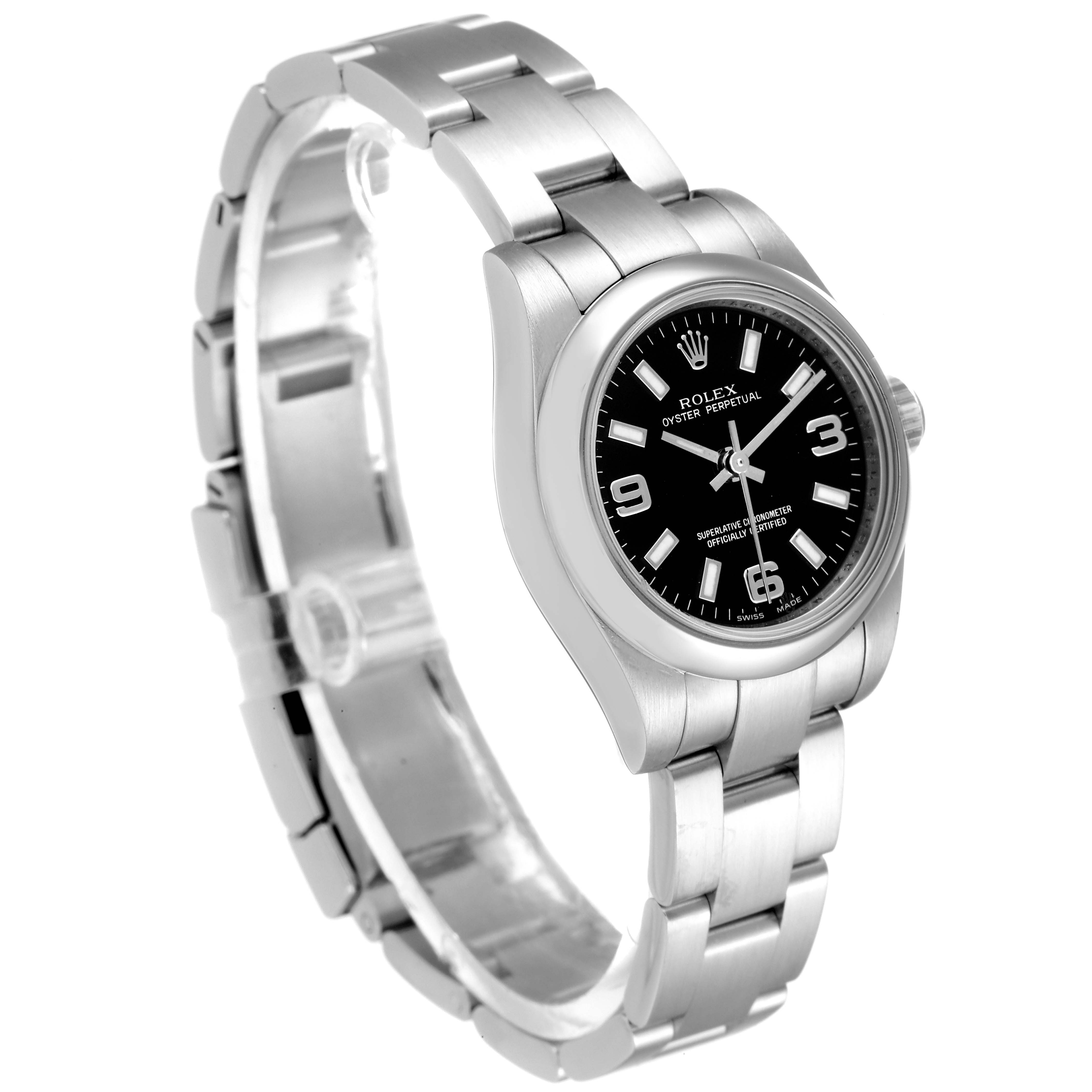 The image shows a Rolex Oyster Perpetual 176200 Women's Stainless Steel Black Dial 176200 Women's Stainless Steel Black Dial watch at a slight angle, displaying its face, bezel, and bracelet.