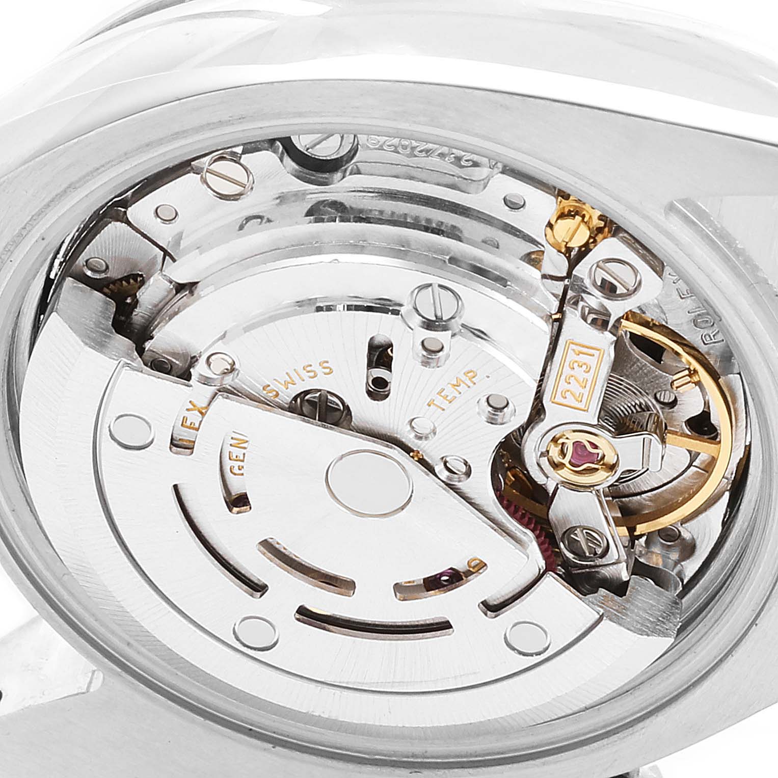 This image shows a close-up view of the movement mechanism in a Rolex Oyster Perpetual 176200 Women's Stainless Steel Black Dial 176200 Women's Stainless Steel Black Dial watch, model 2231.