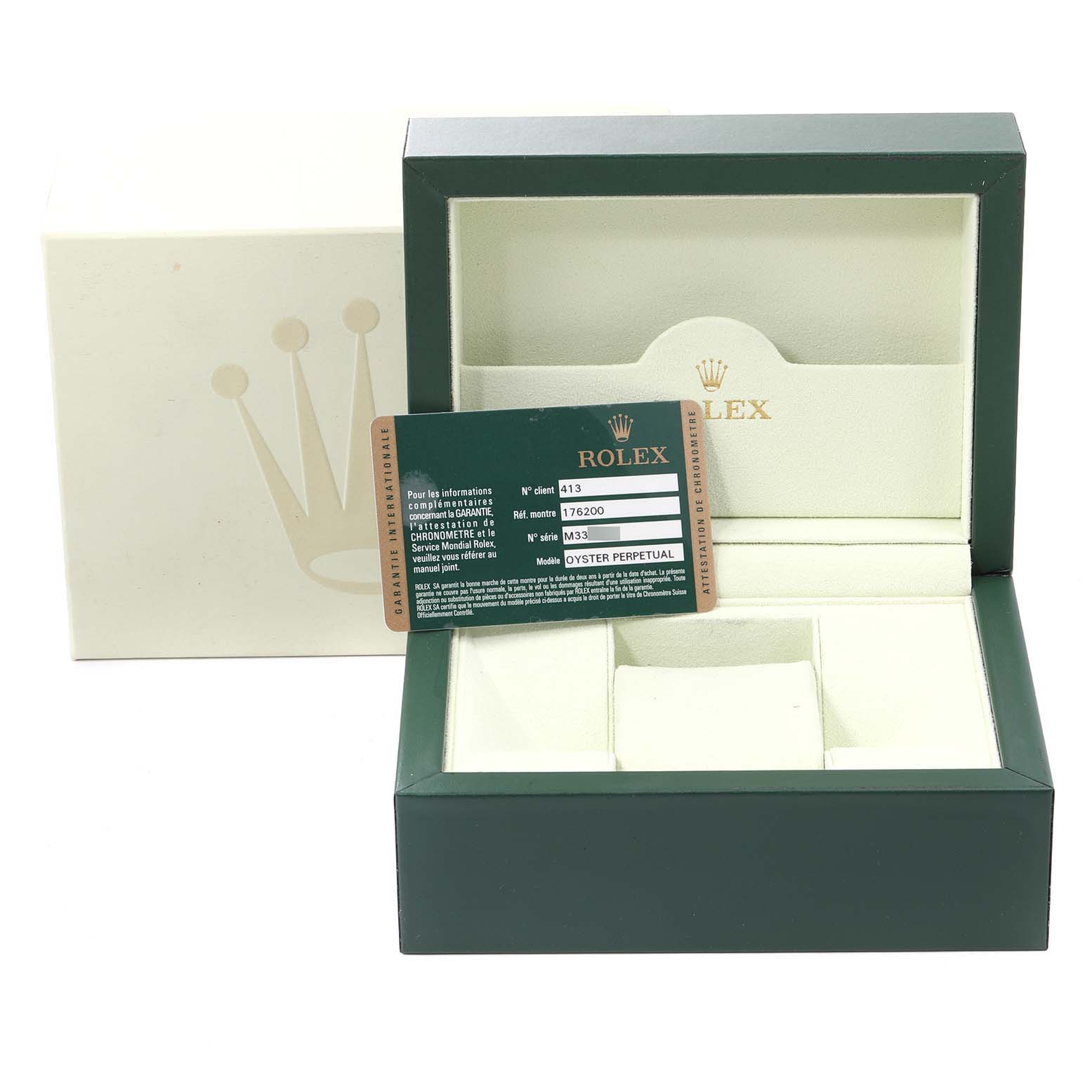 The image shows an open Rolex Oyster Perpetual 176200 Women's Stainless Steel Black Dial 176200 Women's Stainless Steel Black Dial watch box with its authenticity card in the foreground.