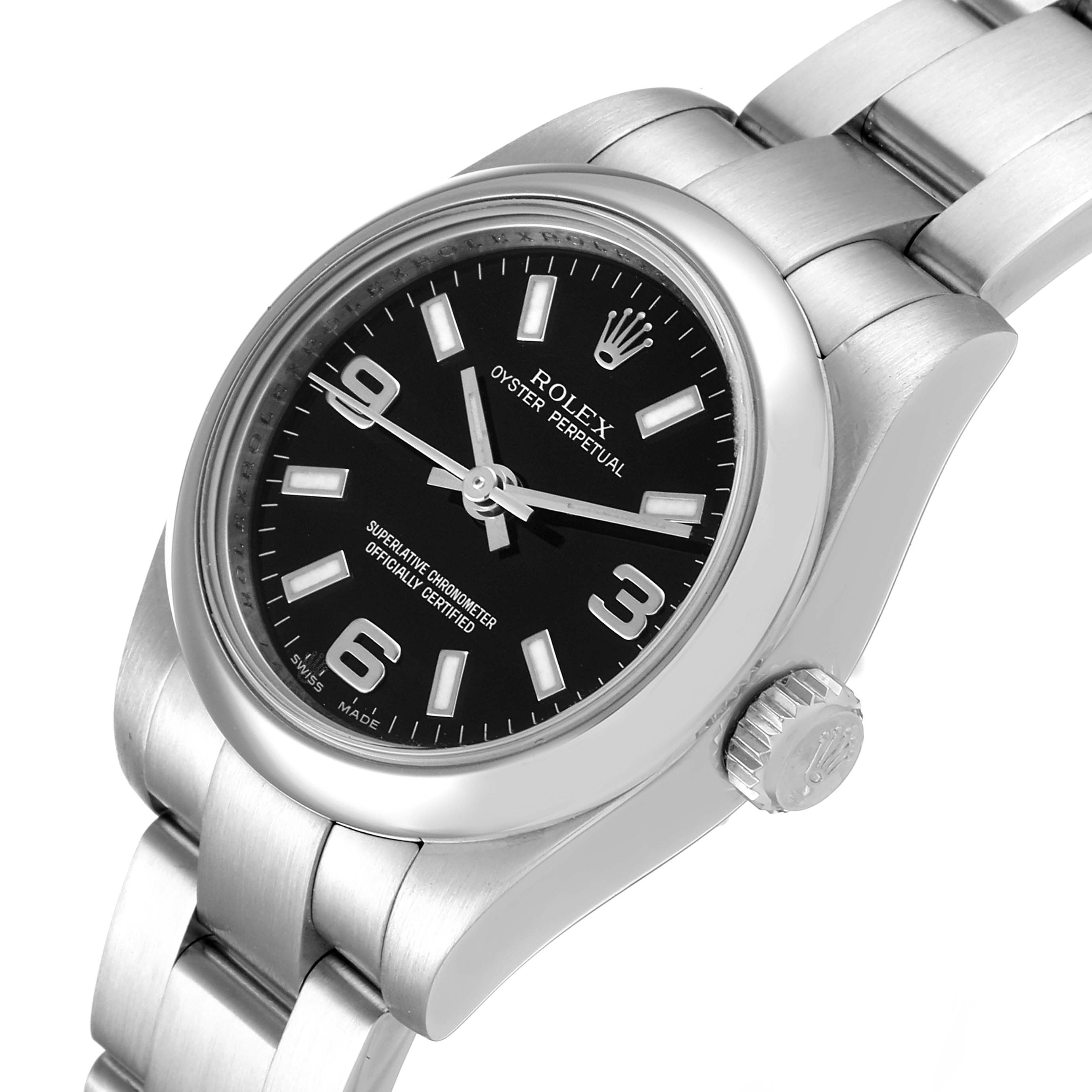 The image shows a close-up angle of a Rolex Oyster Perpetual 176200 Women's Stainless Steel Black Dial 176200 Women's Stainless Steel Black Dial watch, highlighting the dial, crown, and part of the bracelet.