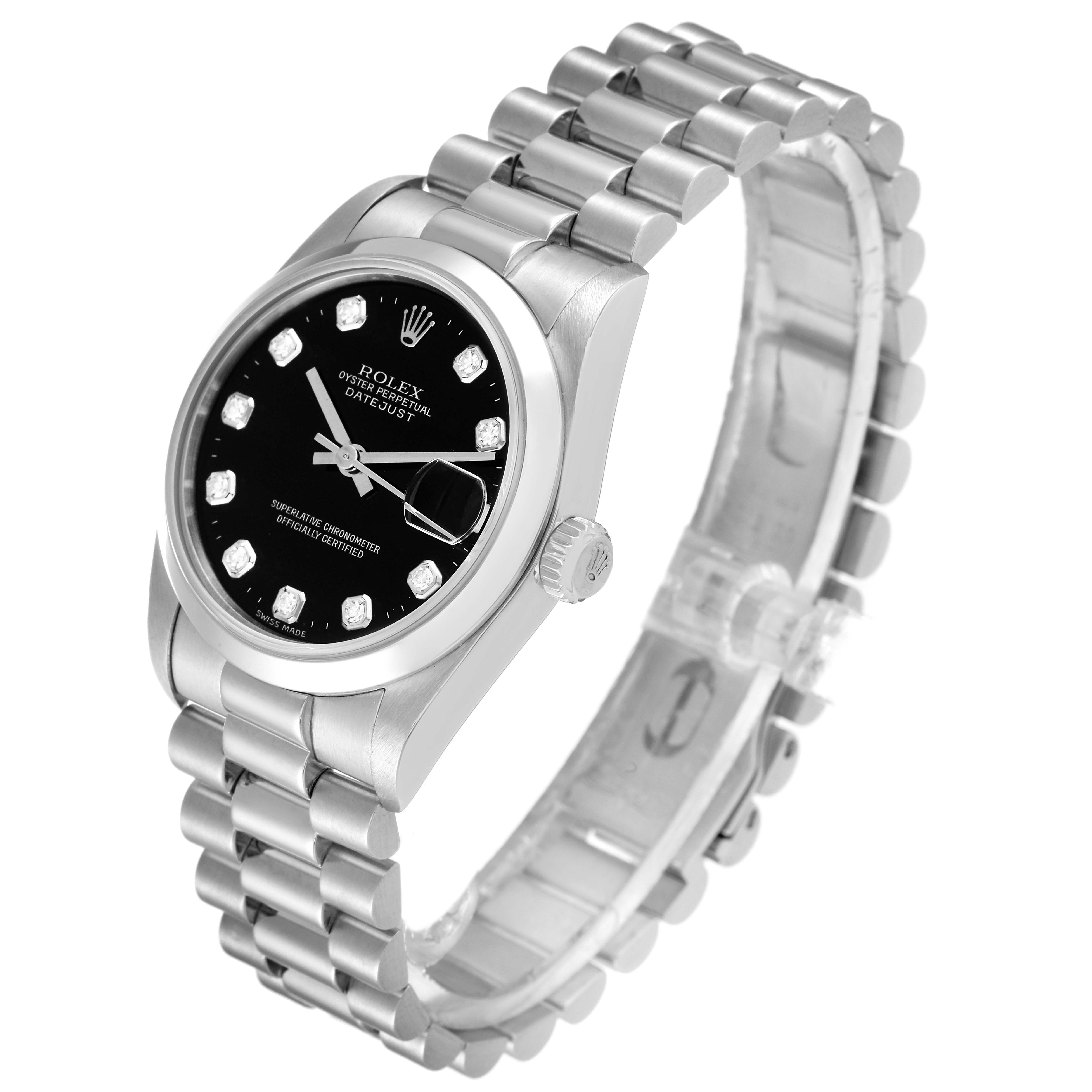The Rolex President 78246 Women's Platinum Black Dial 78246 Women's Platinum Black Dial model watch is shown at a slight angle, highlighting the black dial, diamond hour markers, case, and bracelet.
