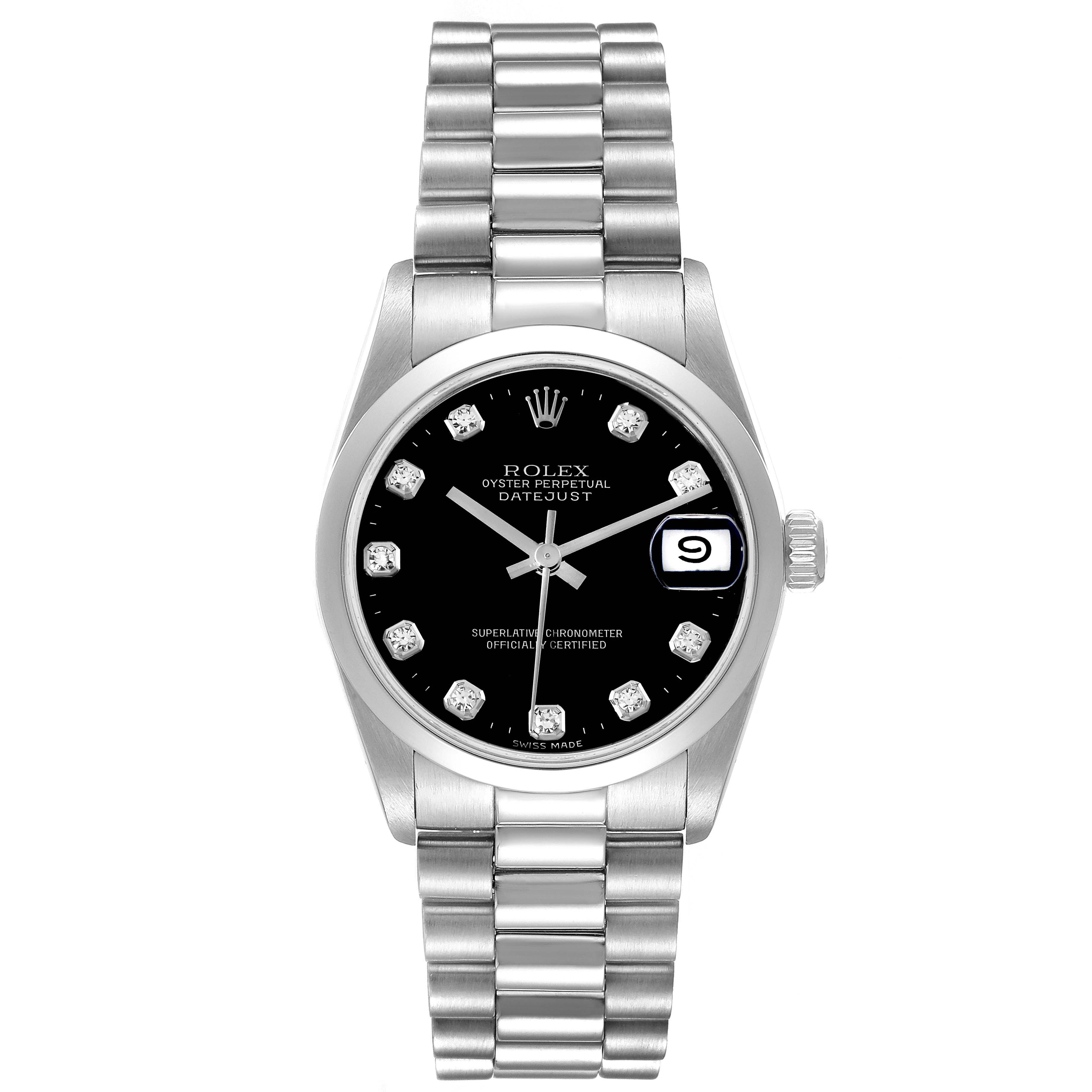 The image shows a frontal view of a Rolex President 78246 Women's Platinum Black Dial 78246 Women's Platinum Black Dial model watch, highlighting its face, bezel, and bracelet.