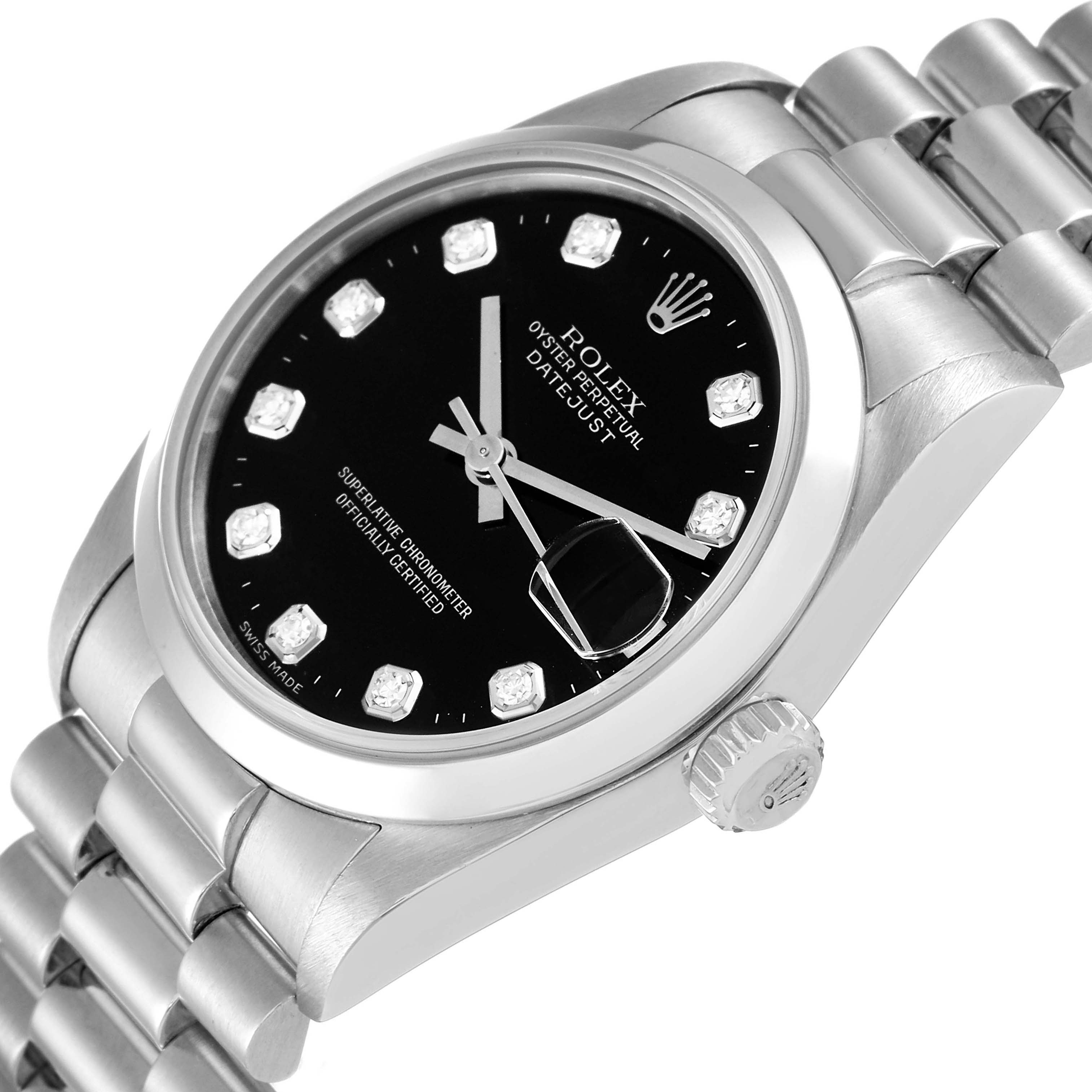 The image shows a side angle of a Rolex President 78246 Women's Platinum Black Dial 78246 Women's Platinum Black Dial watch, highlighting the black dial, diamond markers, case, and metal bracelet.