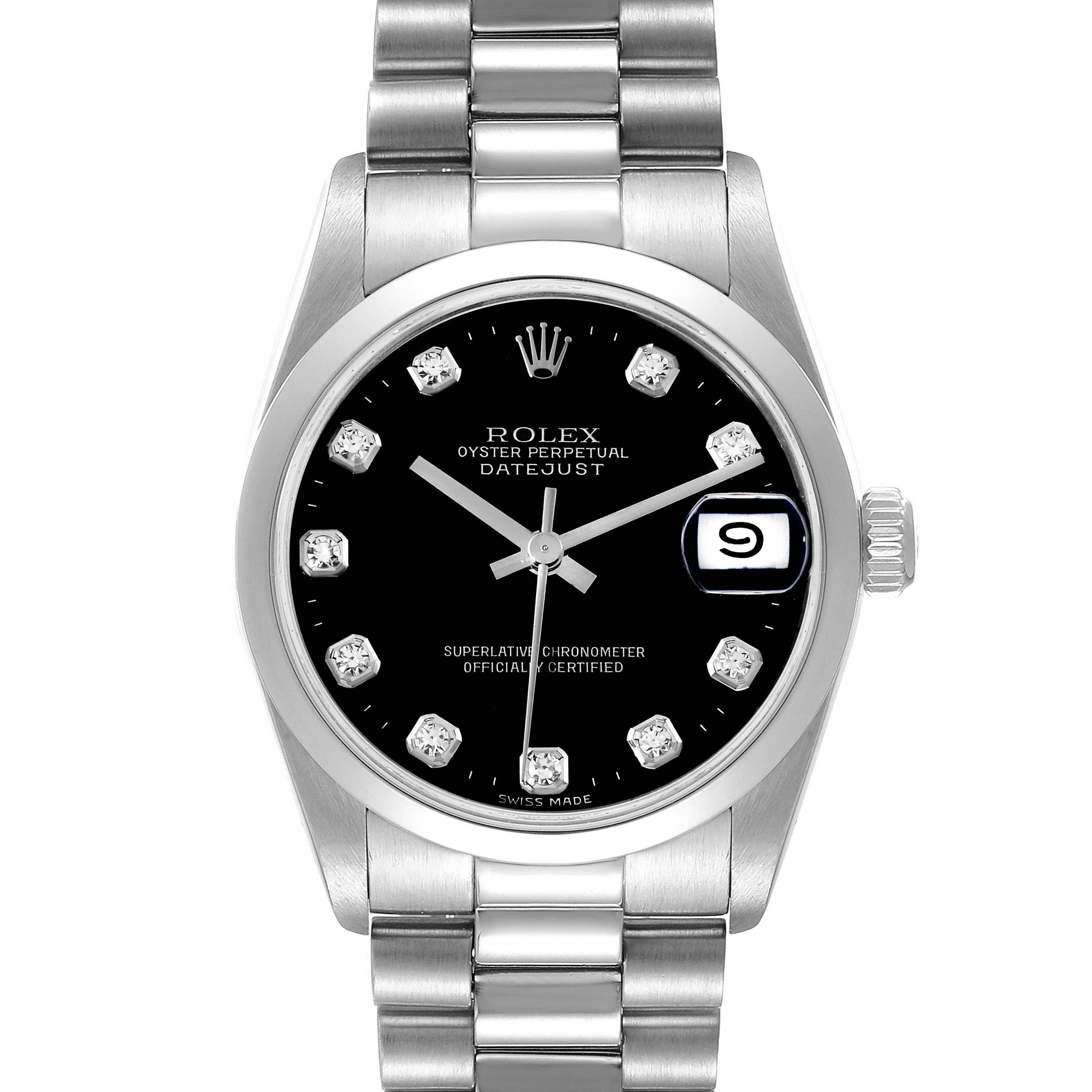 This image shows a frontal view of the Rolex President 78246 Women's Platinum Black Dial 78246 Women's Platinum Black Dial model watch, displaying its black dial, date window, and stainless steel bracelet.