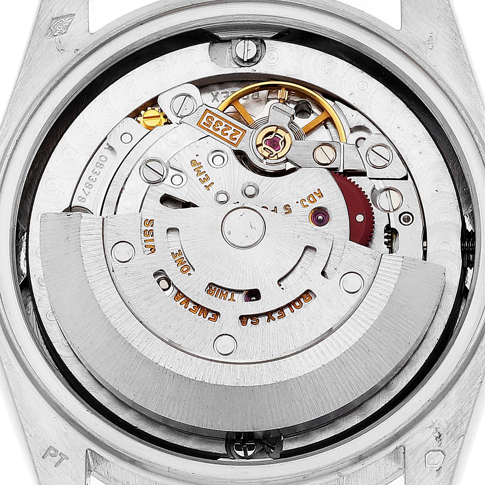 The image showcases the movement mechanism of the Rolex President 78246 Women's Platinum Black Dial 78246 Women's Platinum Black Dial model from a back view angle.