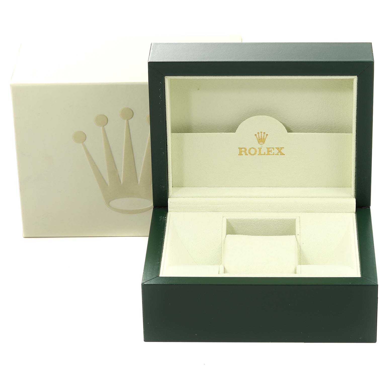 The image shows an open Rolex watch box for the President model, revealing its cushioned interior and logo.