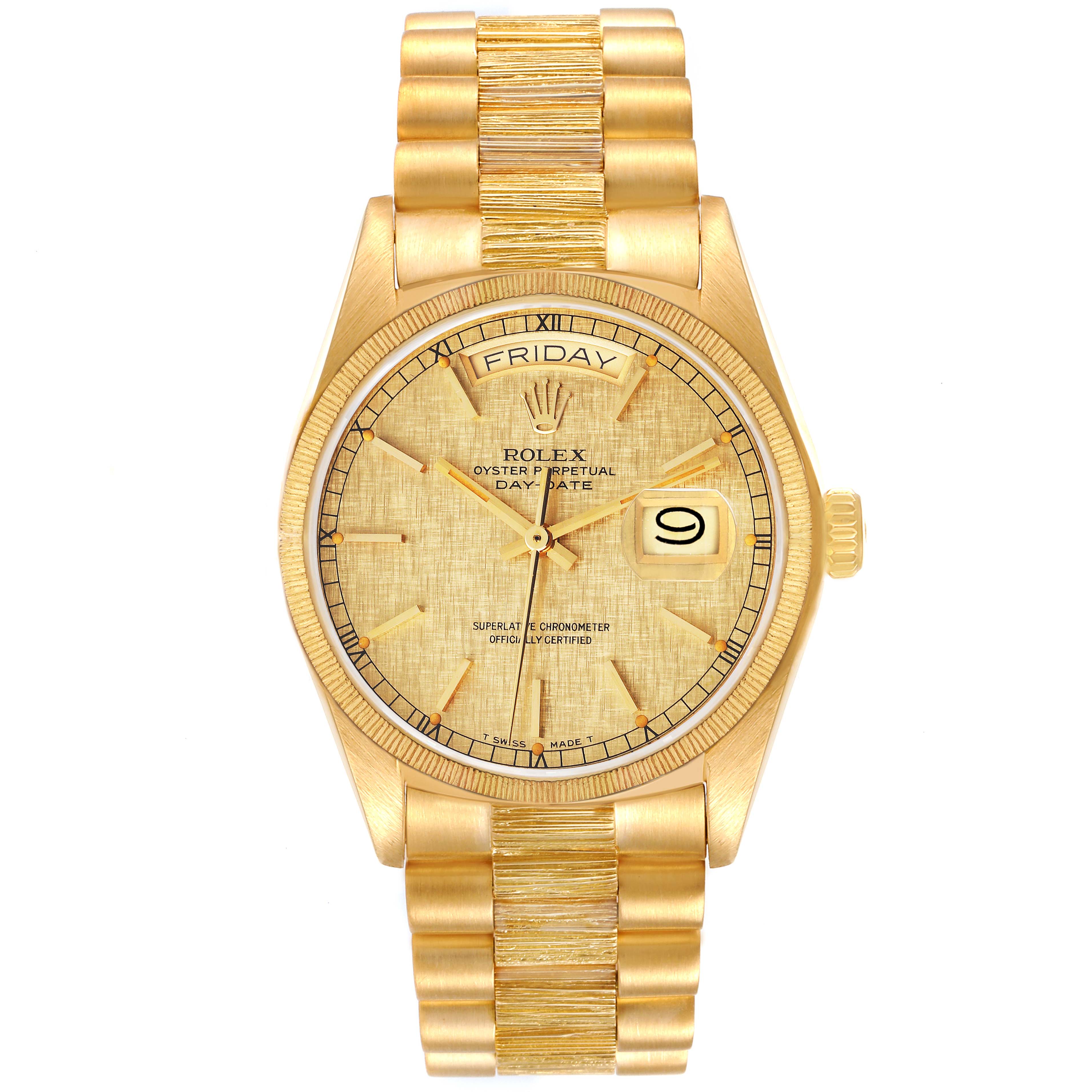 The image shows a Rolex President 18078 Men
s Yellow Gold Champagne Dial 18078 Men
s Yellow Gold Champagne Dial watch from the front, displaying the dial, bezel, and bracelet.