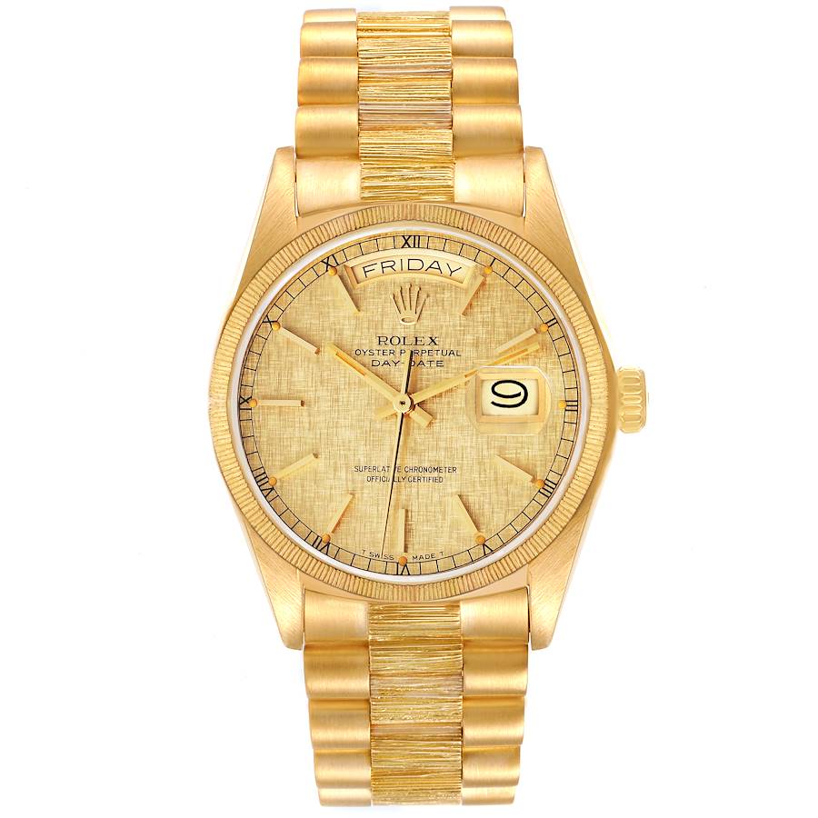 Rolex President Day Date Yellow Gold Bark Finish Linen Dial Mens