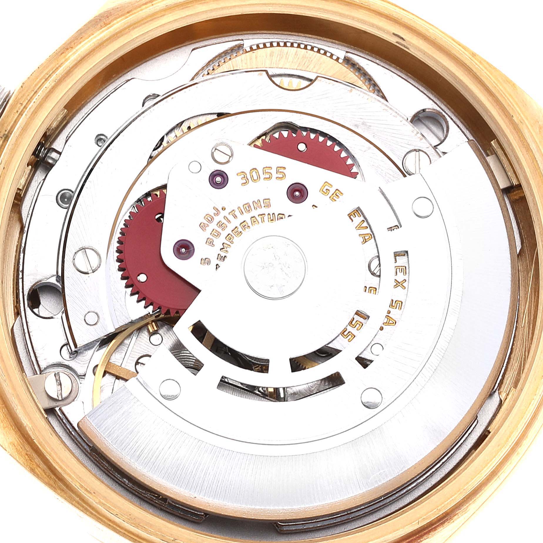 This image shows the internal movement mechanism of a Rolex President 18078 Men
s Yellow Gold Champagne Dial 18078 Men
s Yellow Gold Champagne Dial model watch from a backside angle.