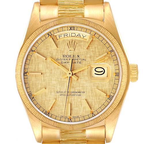 Photo of Rolex President Day-Date Yellow Gold Bark Finish Linen Dial Mens Watch 18078